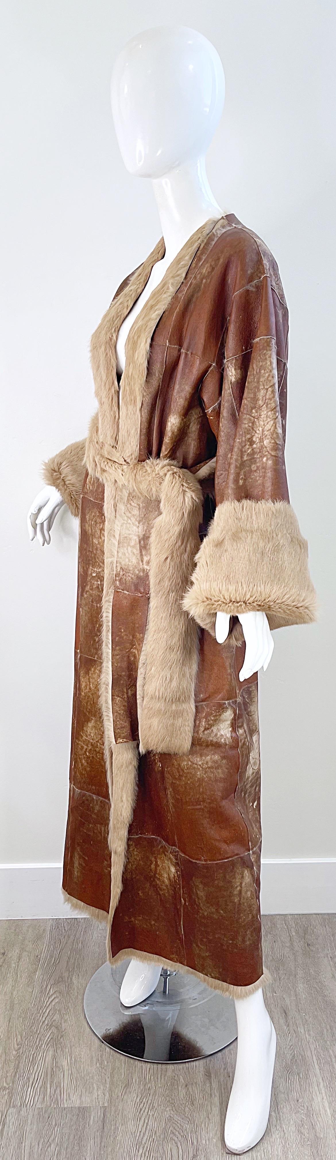 1990s Adrienne Landau Distressed Leather Fur Vintage 90s Trench Jacket Coat For Sale 1