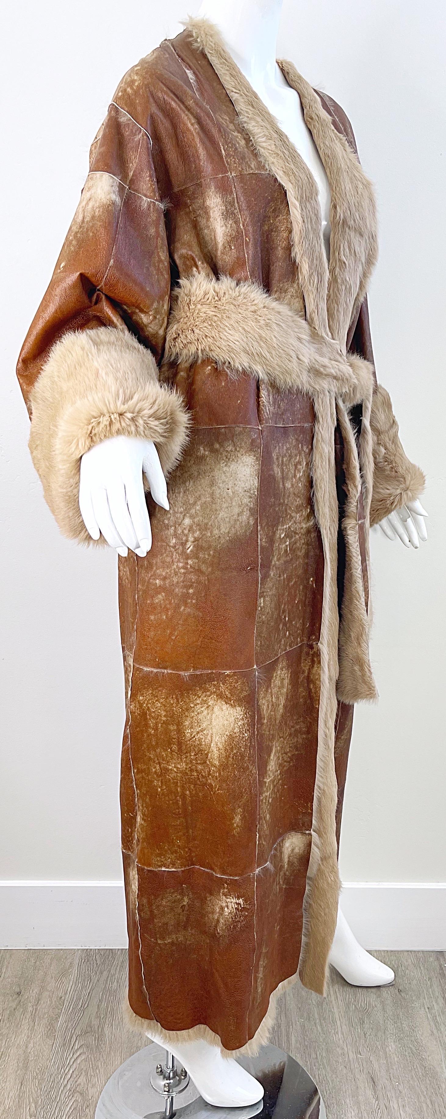 1990s Adrienne Landau Distressed Leather Fur Vintage 90s Trench Jacket Coat For Sale 3