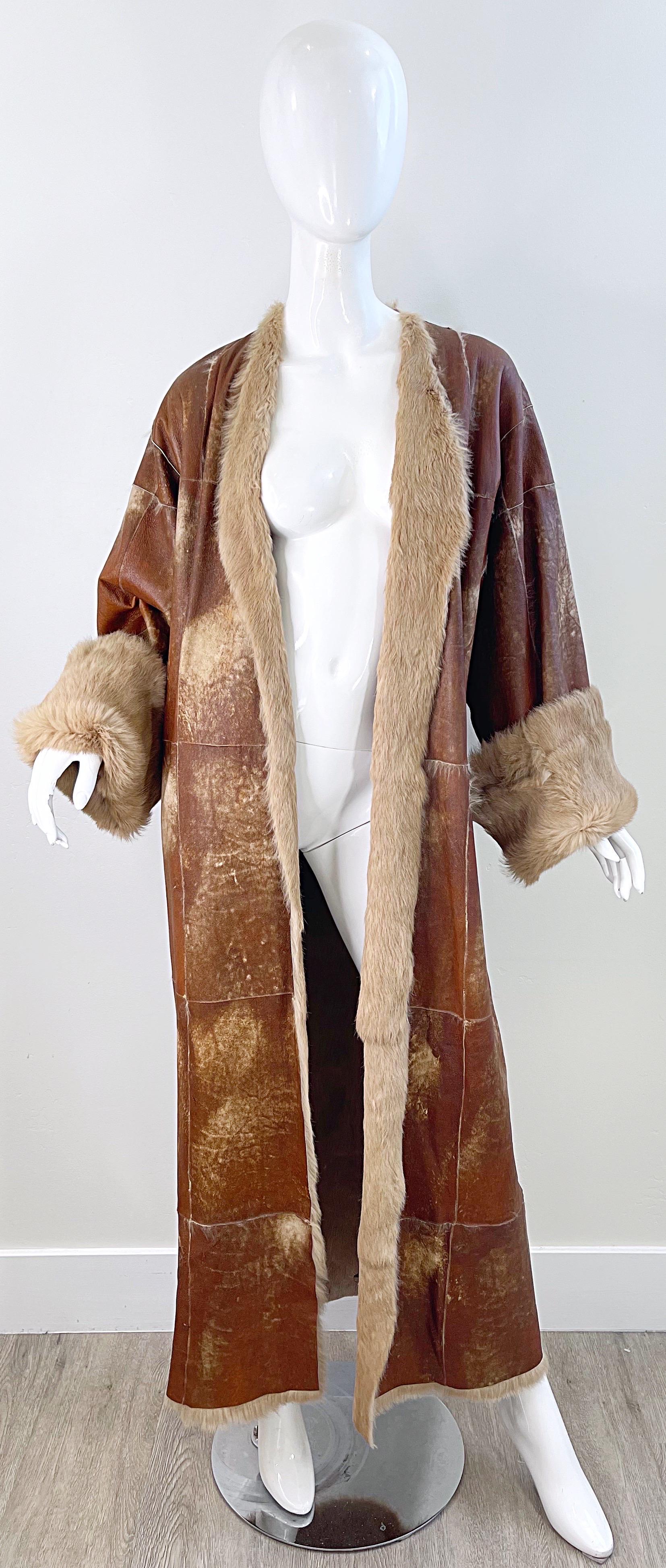 1990s Adrienne Landau Distressed Leather Fur Vintage 90s Trench Jacket Coat For Sale 4
