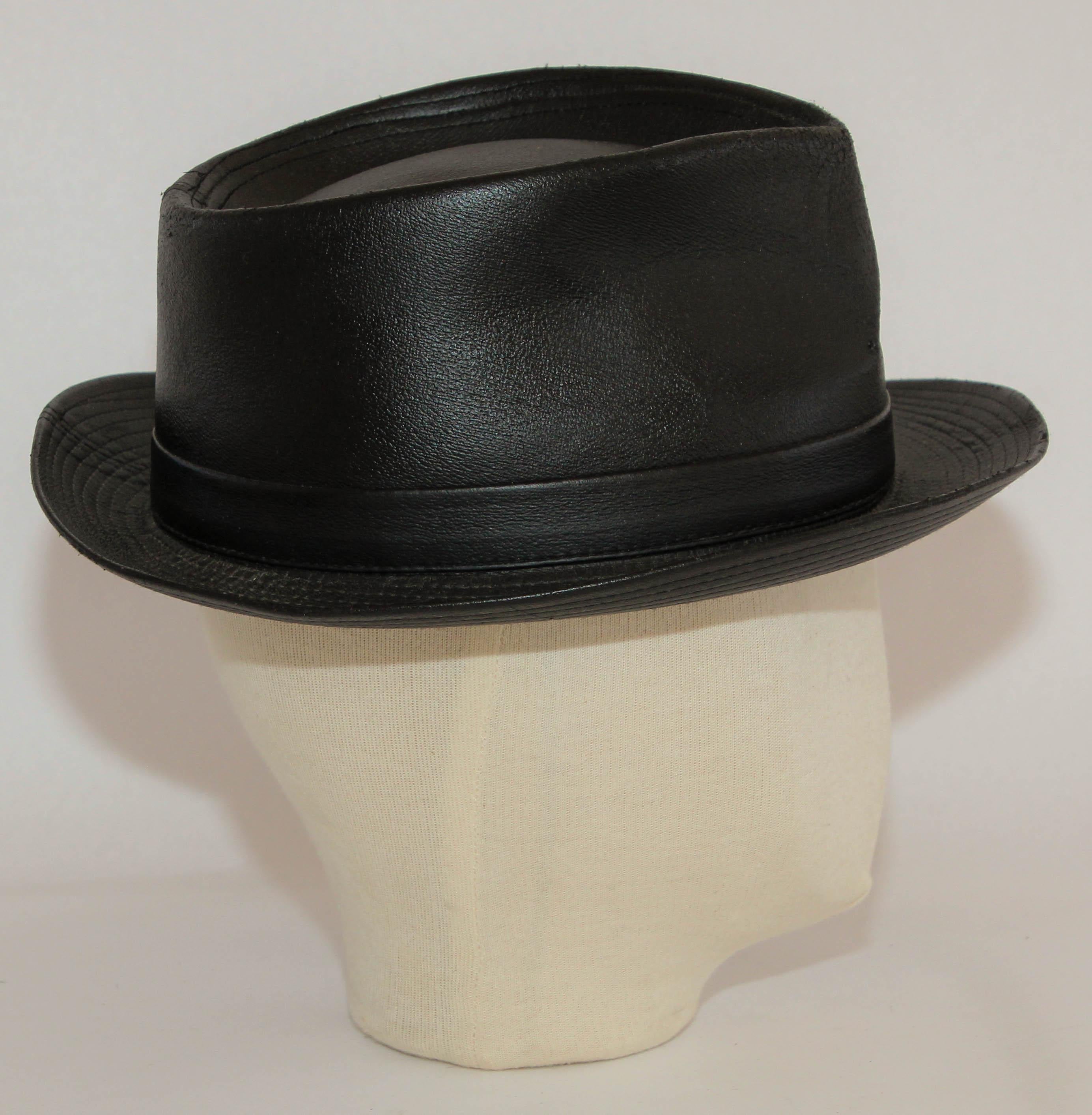 1990s AGNES B. Fedora Black Leather Hat  For Sale 7