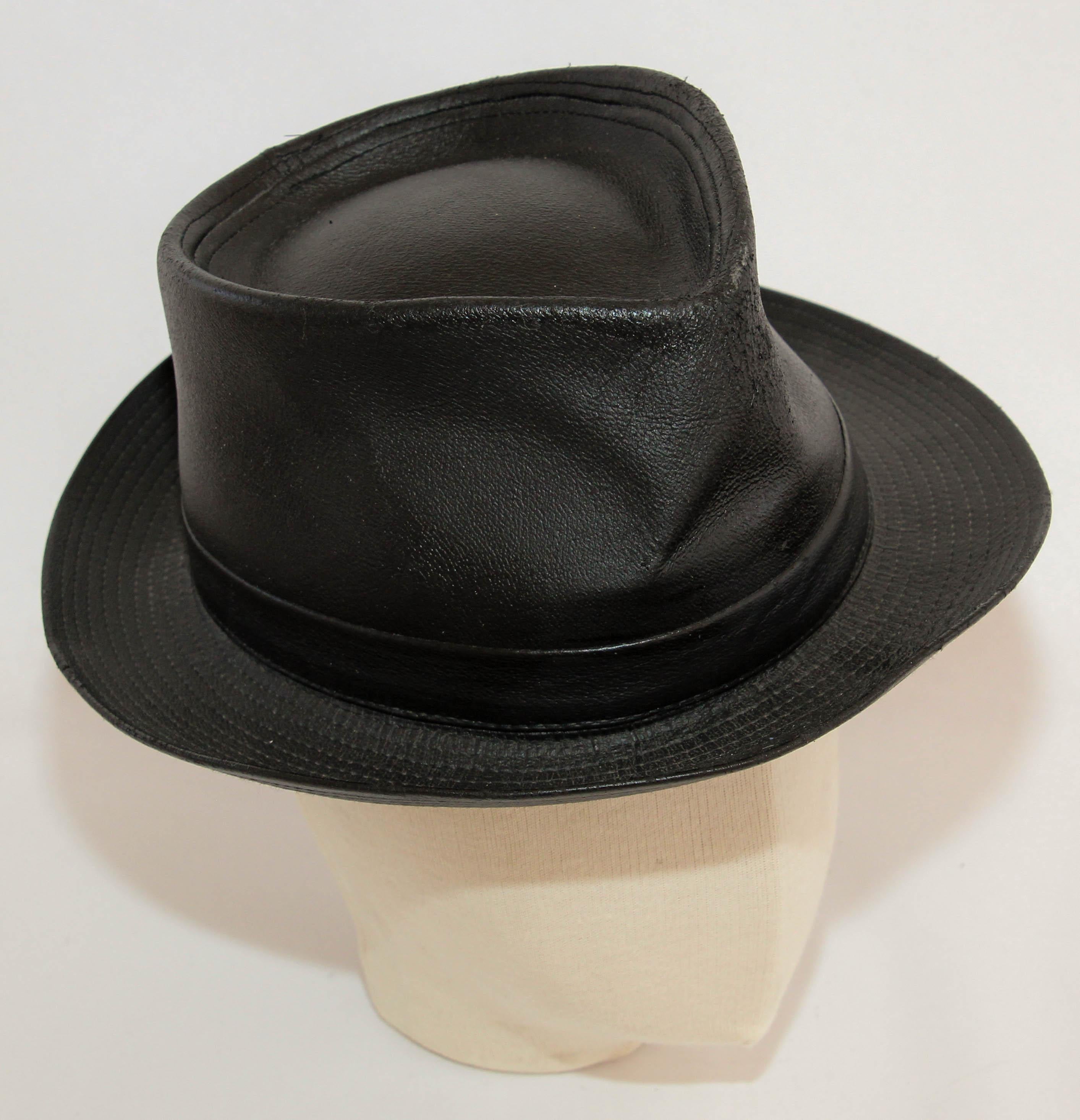 1990s AGNES B. Fedora Black Leather Hat  For Sale 8