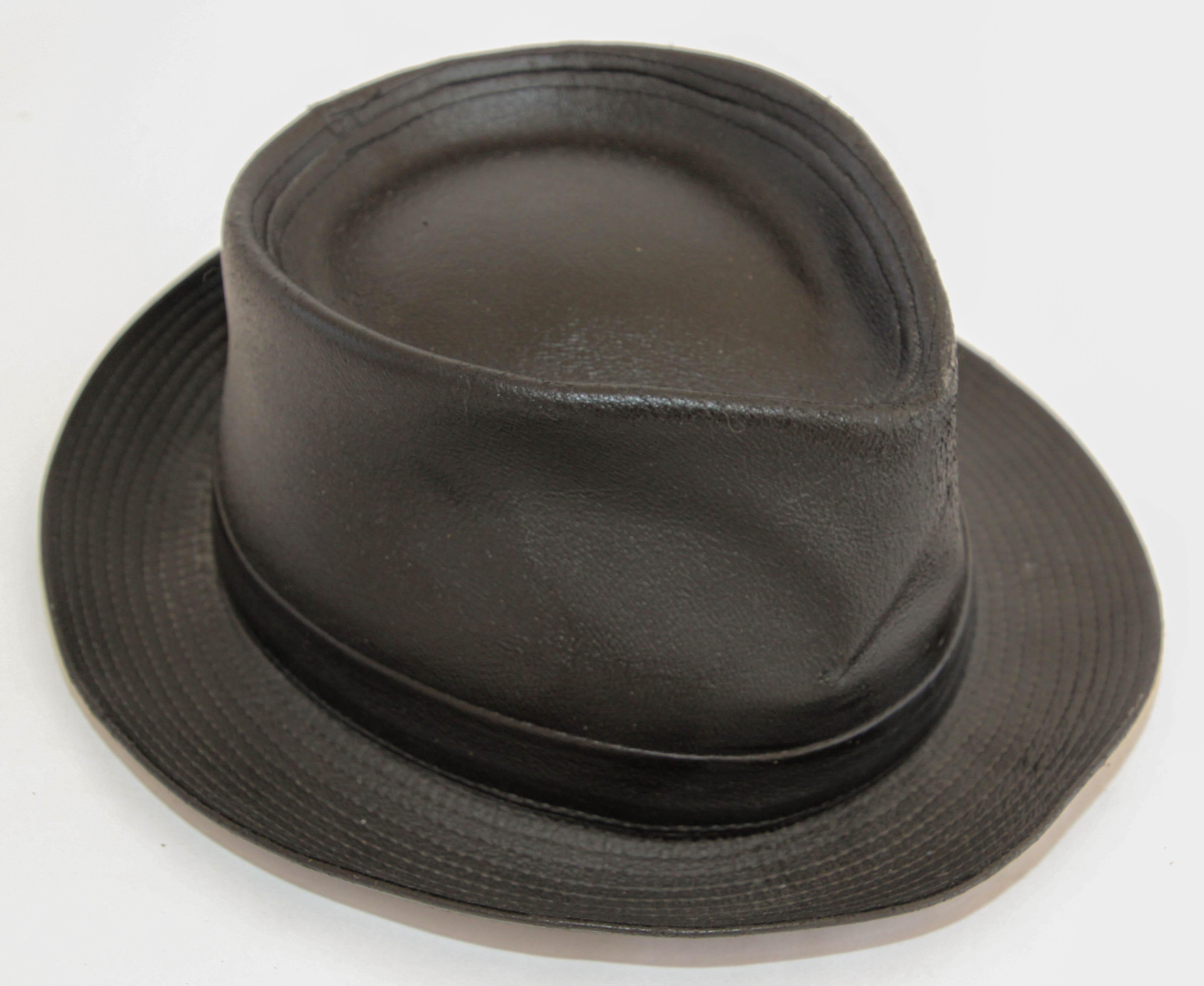 1990s AGNES B. Fedora Black Leather Hat  For Sale 15