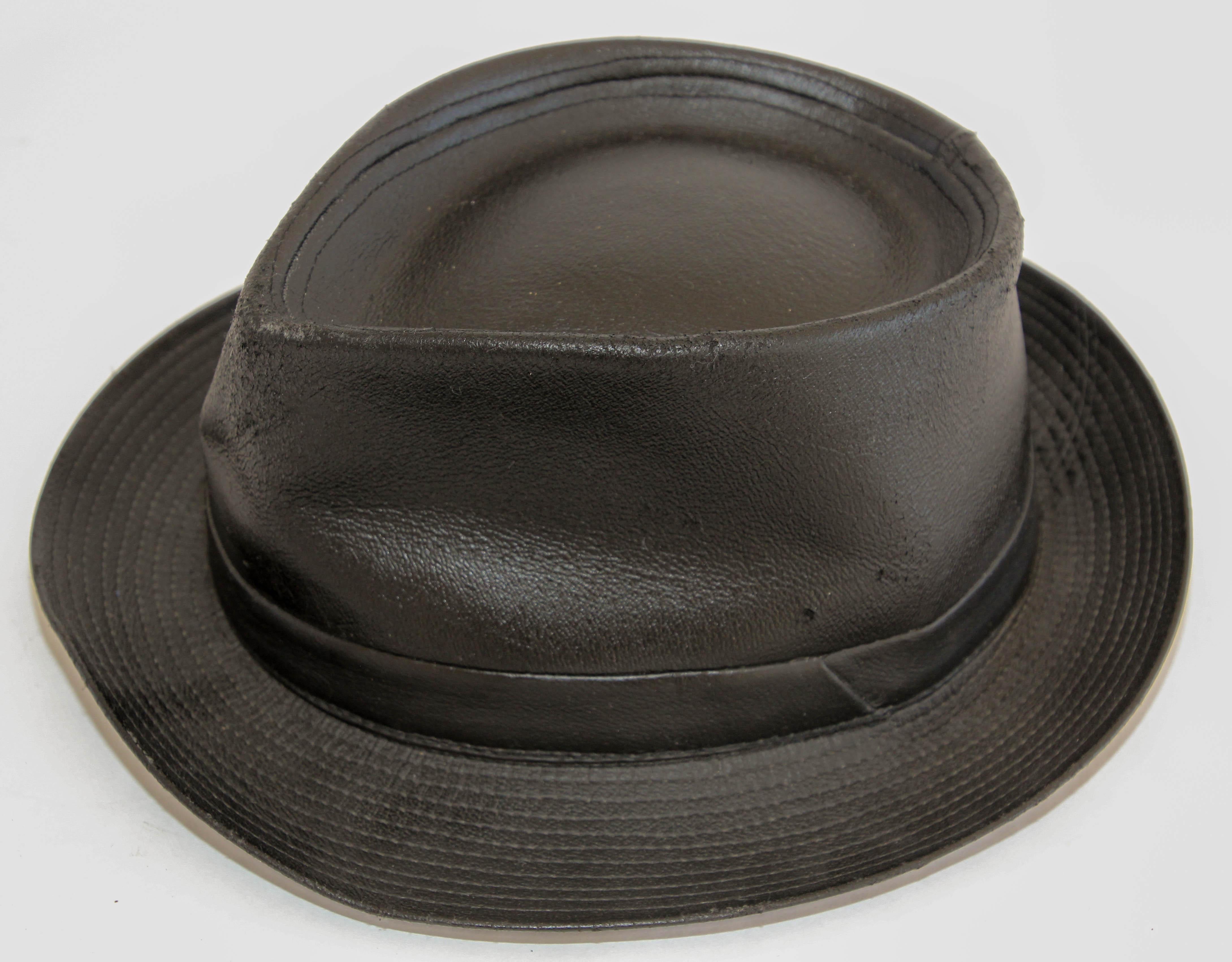 1990s AGNES B. Fedora Black Leather Hat  In Good Condition For Sale In North Hollywood, CA