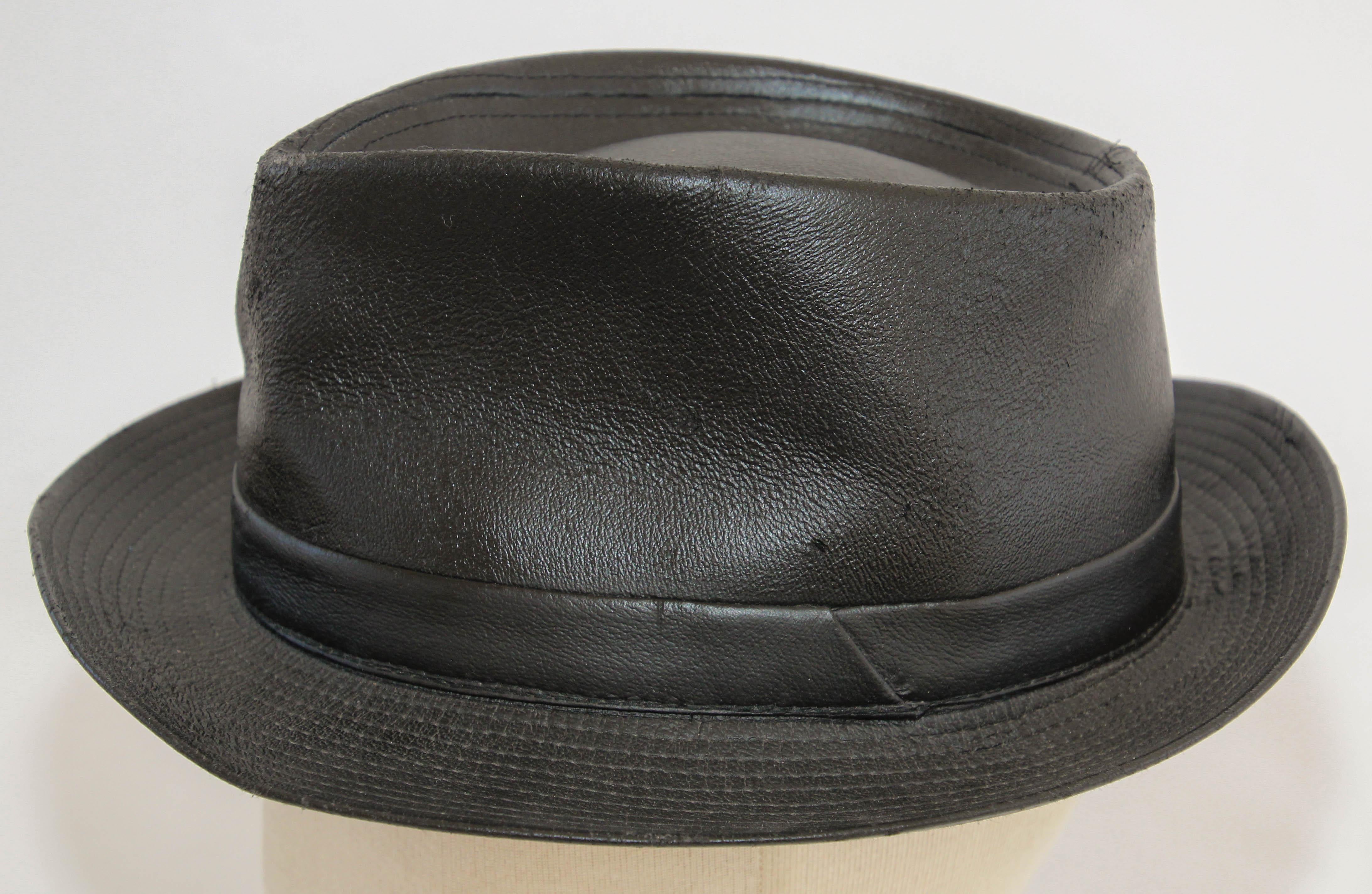 Women's or Men's 1990s AGNES B. Fedora Black Leather Hat  For Sale