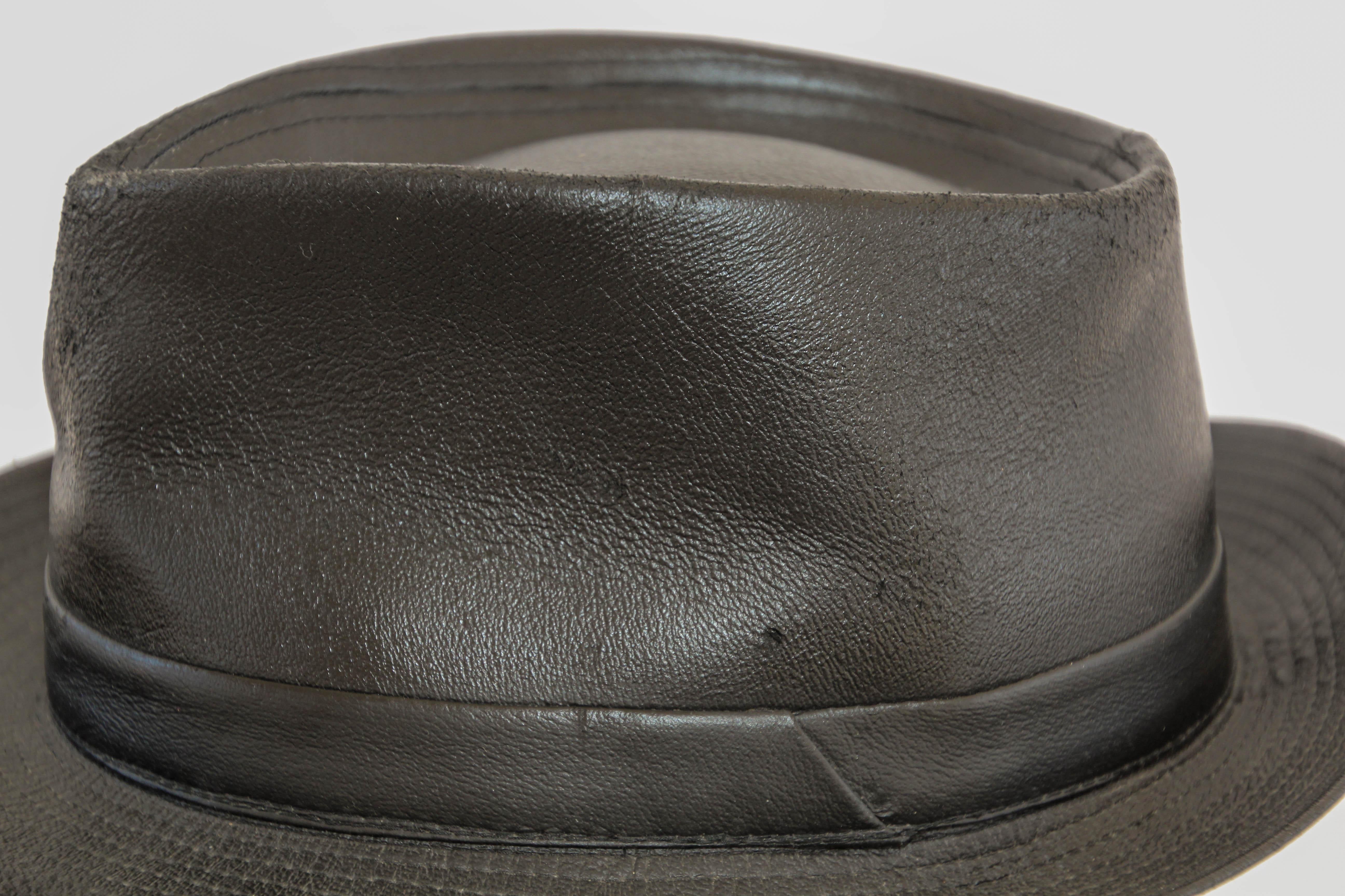 1990s AGNES B. Fedora Black Leather Hat  For Sale 1