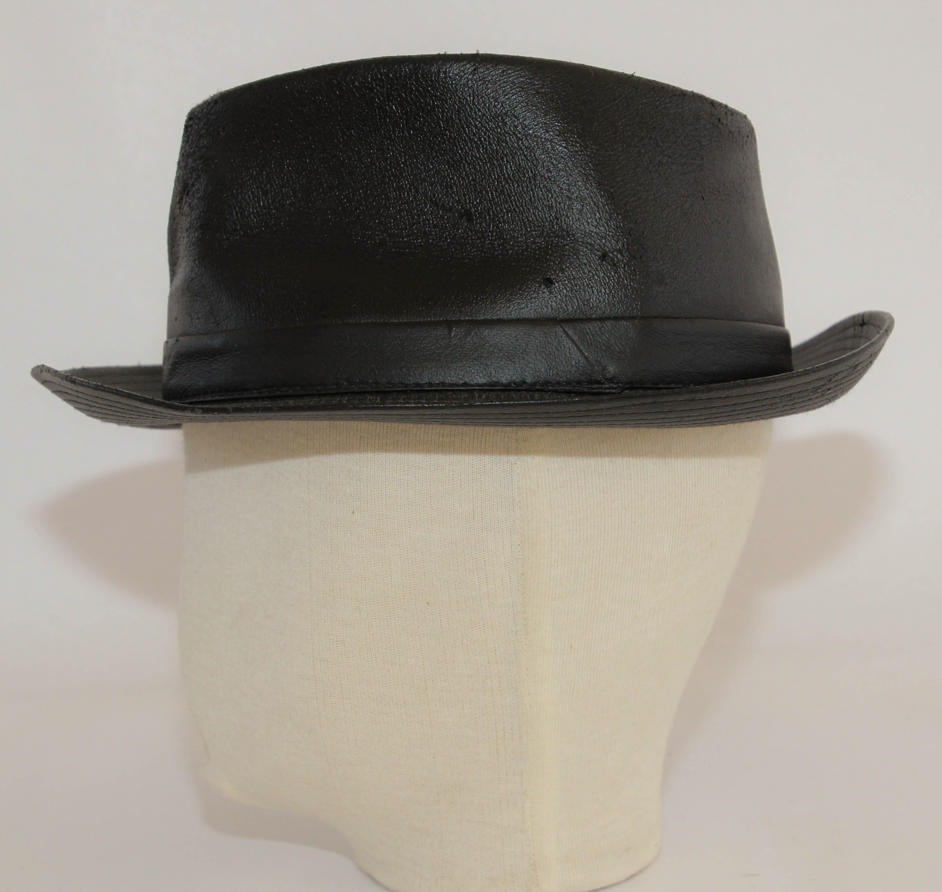 1990s AGNES B. Fedora Black Leather Hat  For Sale 2