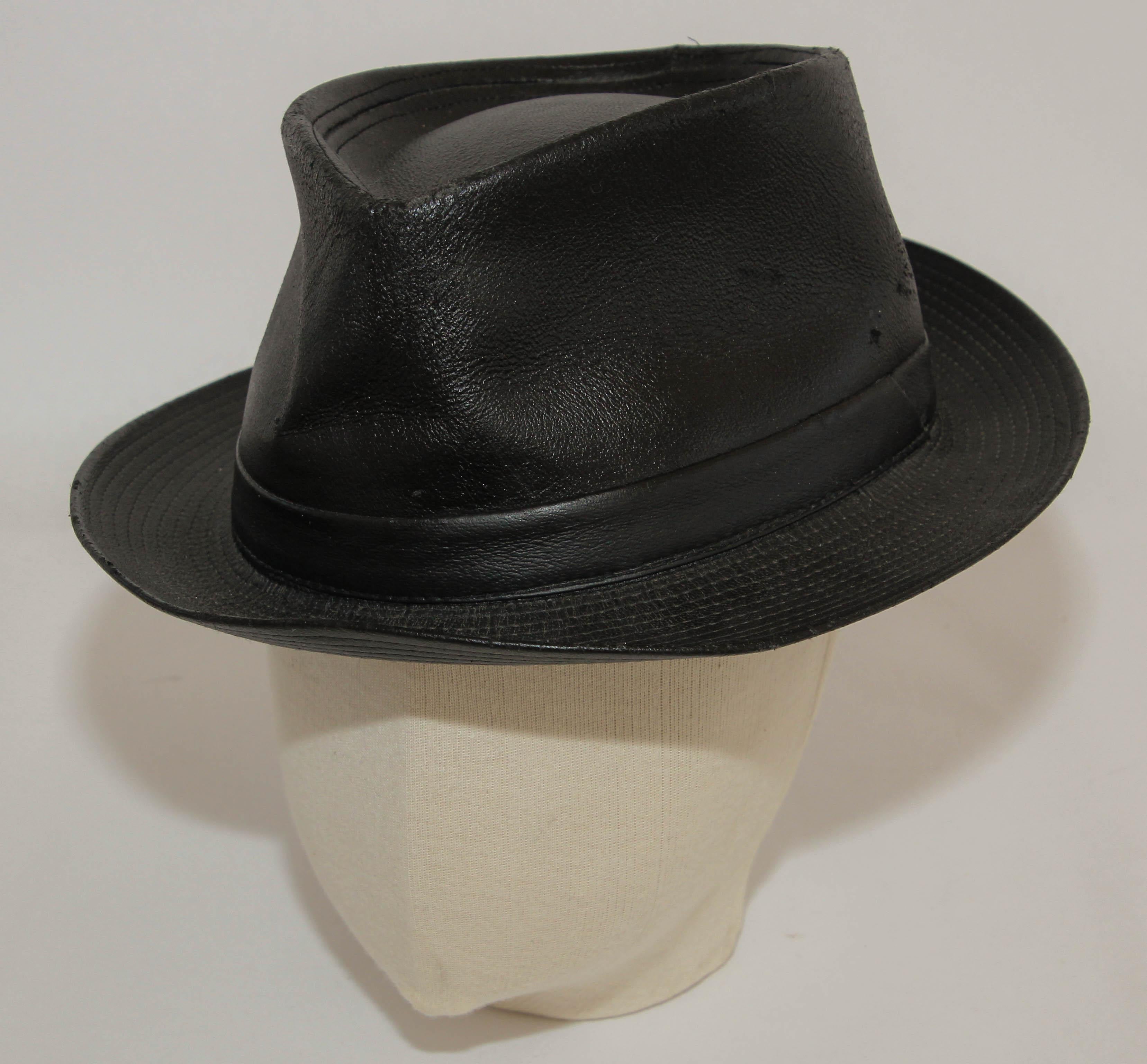 1990s AGNES B. Fedora Black Leather Hat  For Sale 3