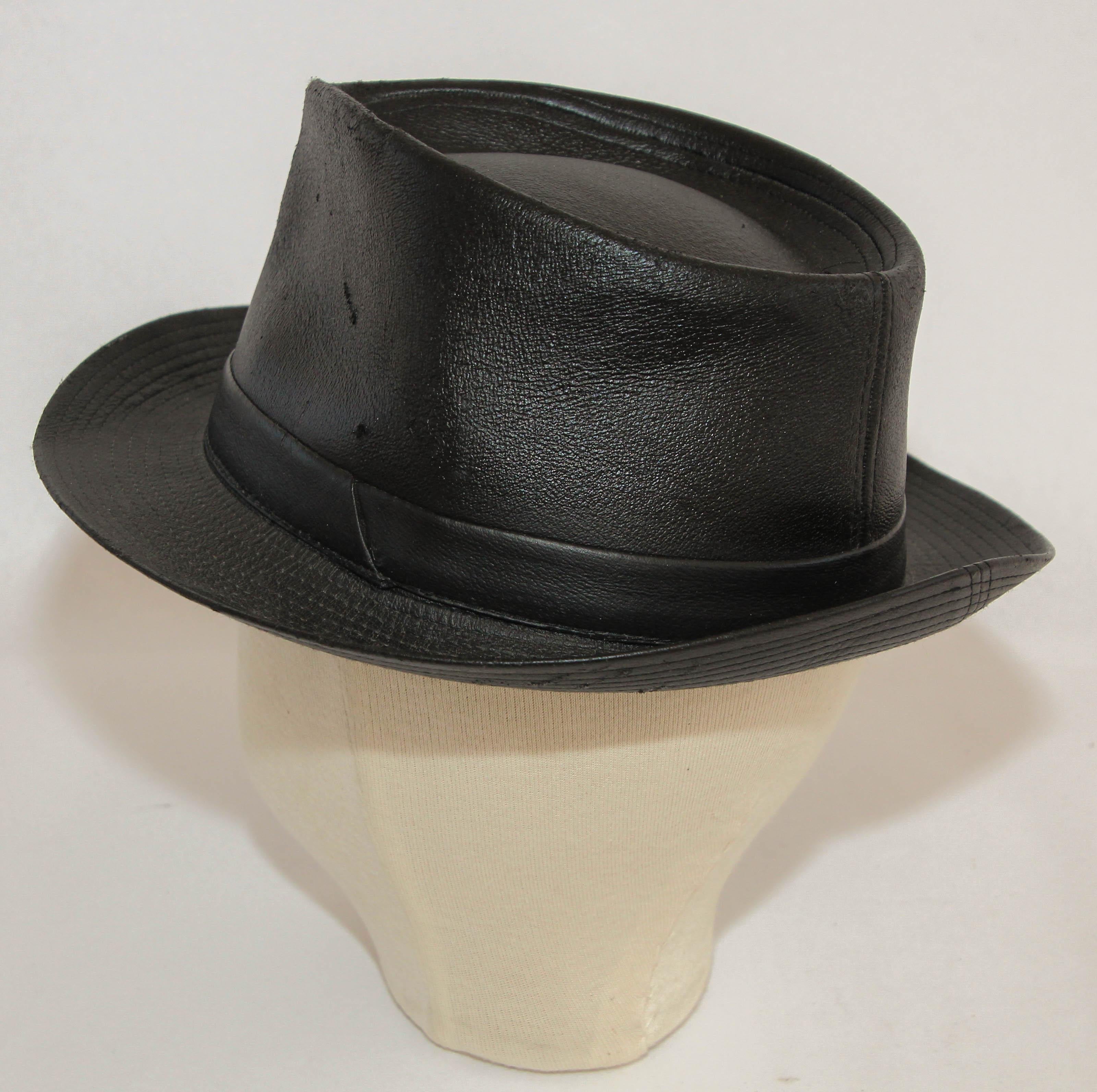1990s AGNES B. Fedora Black Leather Hat  For Sale 4