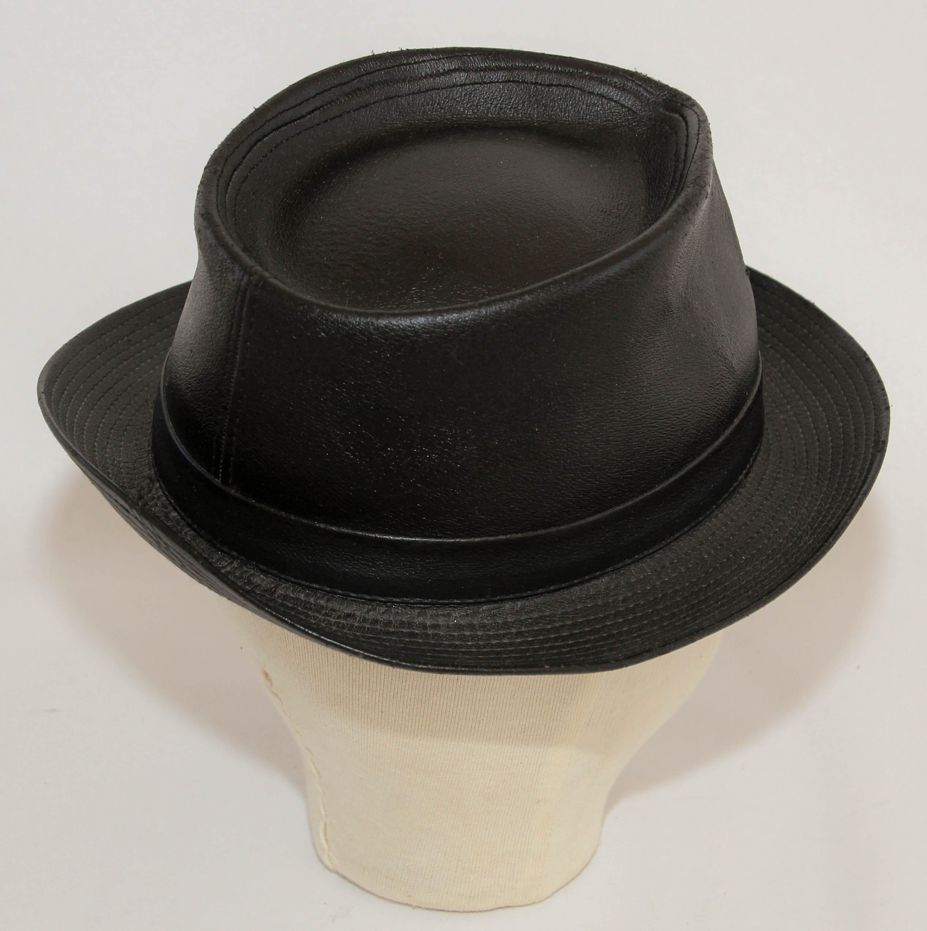 1990s AGNES B. Fedora Black Leather Hat  For Sale 5