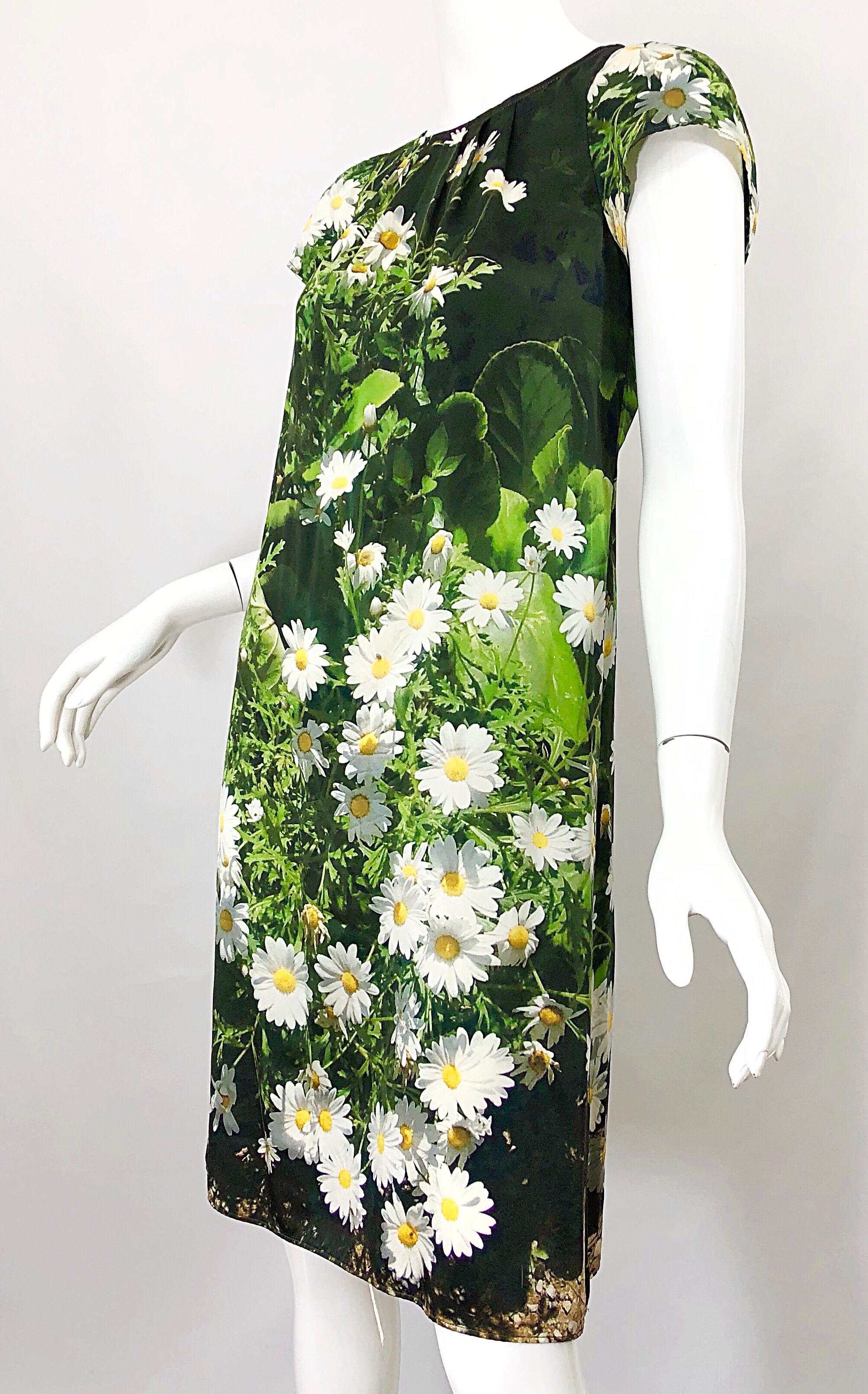 1990s Agnes B French 3-D Silk Daisy Grass Print Vintage 90s Smock Empire Dress 2