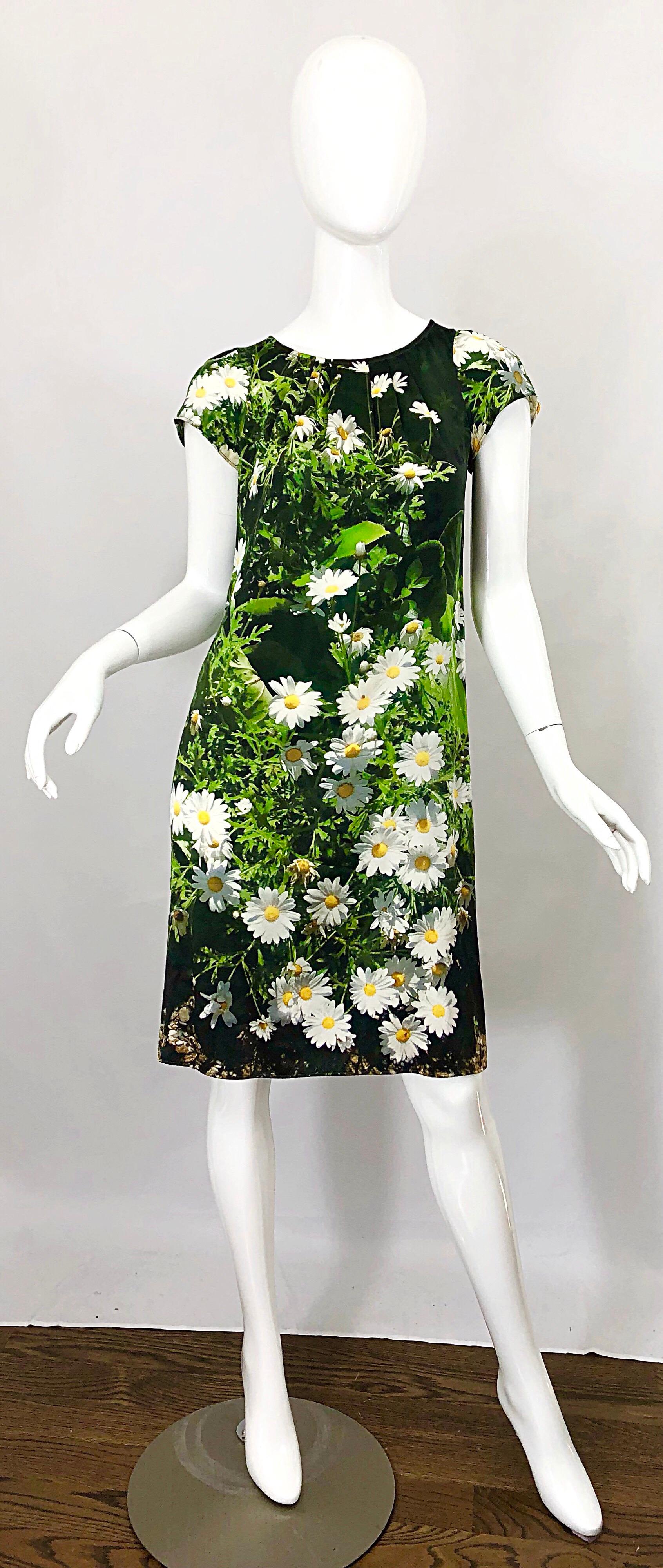 1990s Agnes B French 3-D Silk Daisy Grass Print Vintage 90s Smock Empire Dress 4