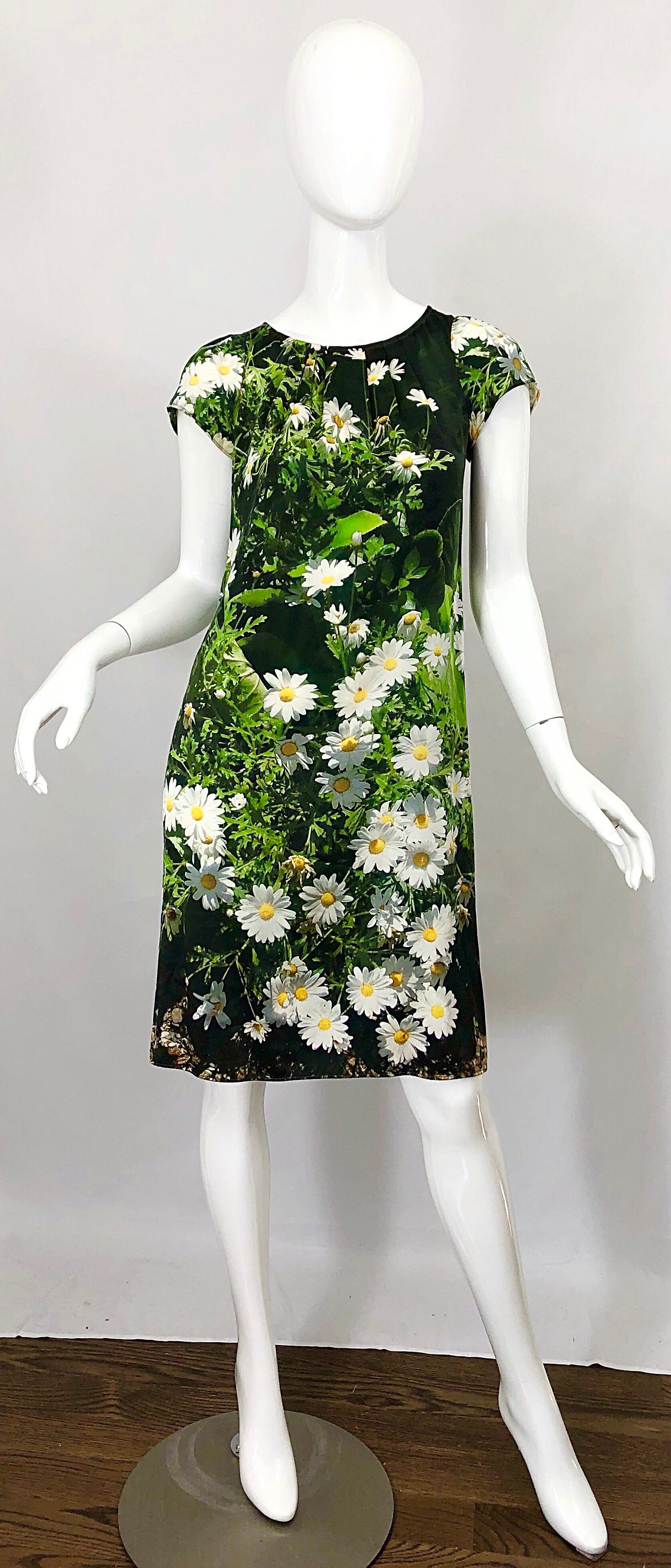 Awesome late 90s AGNES B 3-D daisy print silk smock empire dress! Features vibrant white daisies with vibrant green colored grass and leaves. Super soft luxurious silk. Simply slips over the head. Great belted or alone. The pictured vintage Paloma