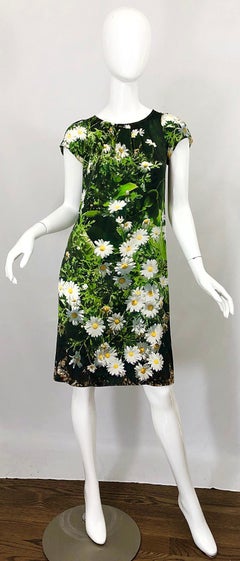 1990s Agnes B French 3-D Silk Daisy Grass Print Vintage 90s Smock Empire Dress