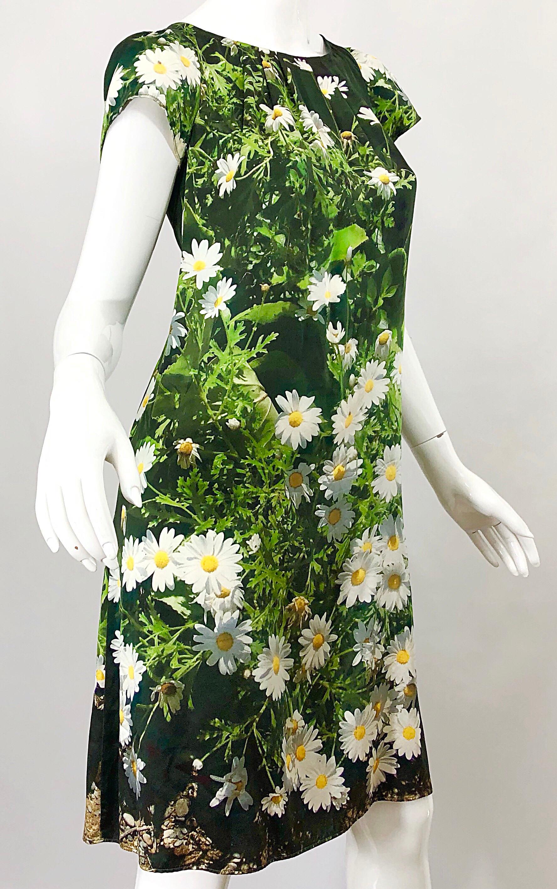 Black 1990s Agnes B French 3-D Silk Daisy Grass Print Vintage 90s Smock Empire Dress