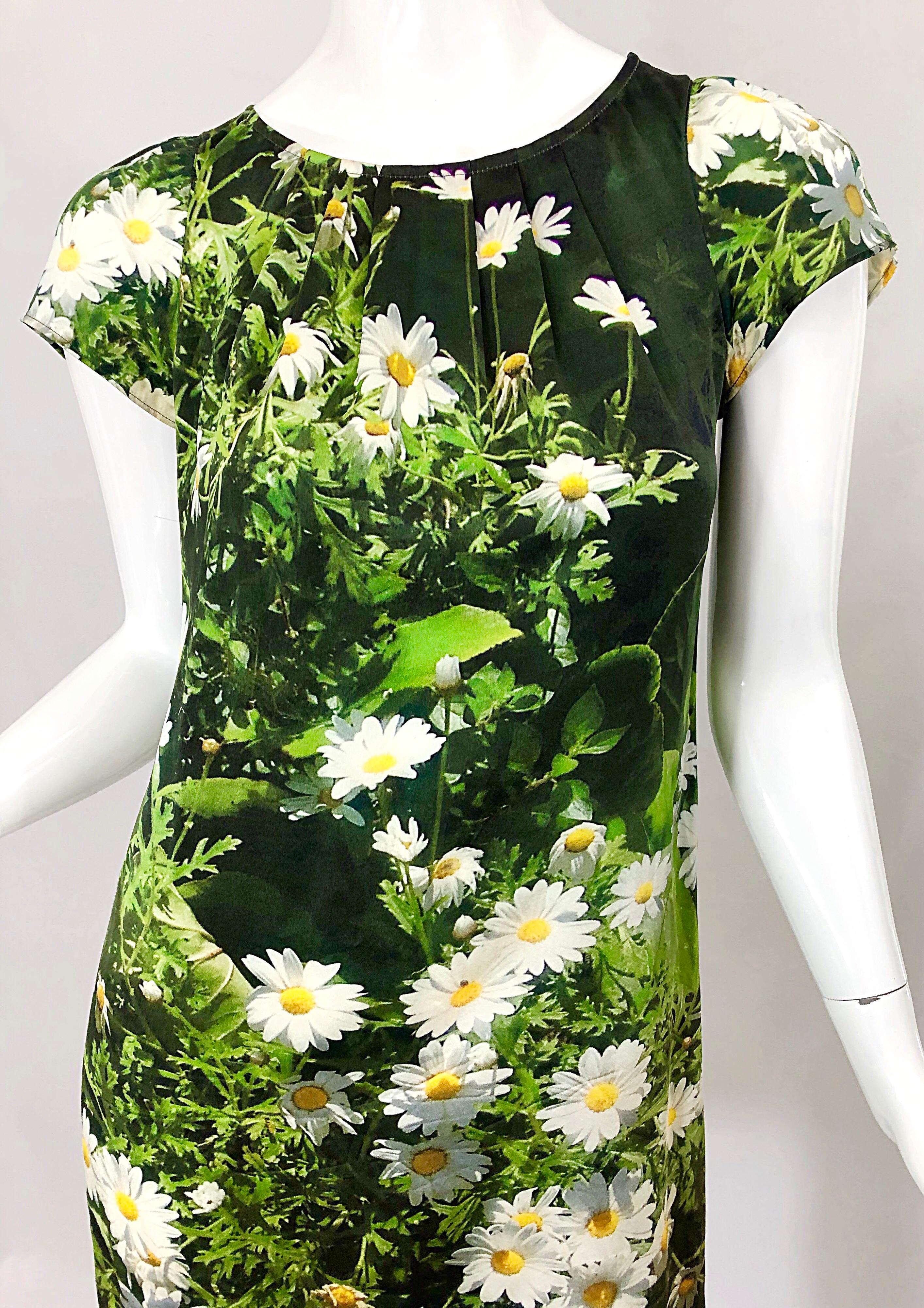 1990s Agnes B French 3-D Silk Daisy Grass Print Vintage 90s Smock Empire Dress In Excellent Condition In San Diego, CA