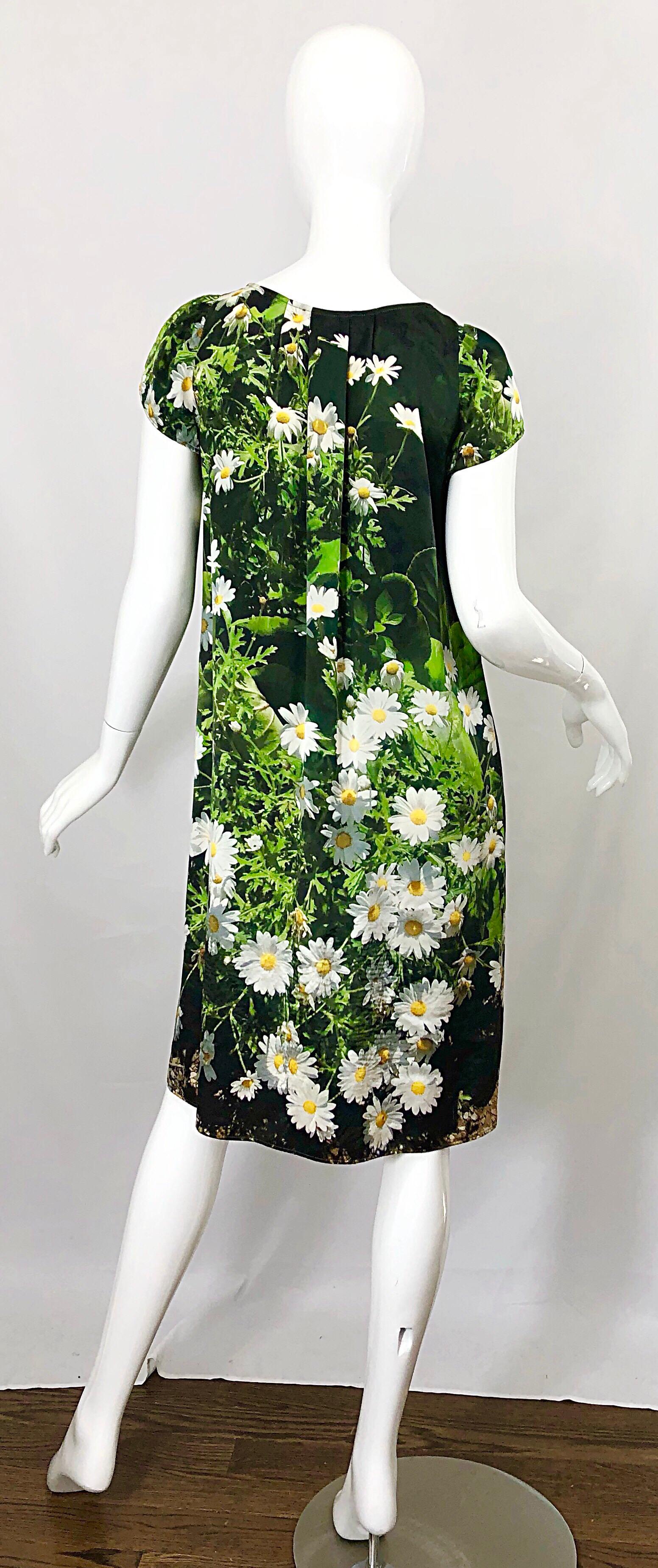 Women's 1990s Agnes B French 3-D Silk Daisy Grass Print Vintage 90s Smock Empire Dress