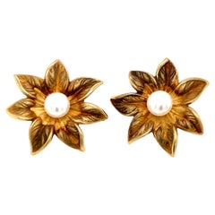Vintage 1990s Akoya Pearl Flower Earrings in 14 Karat Yellow Gold