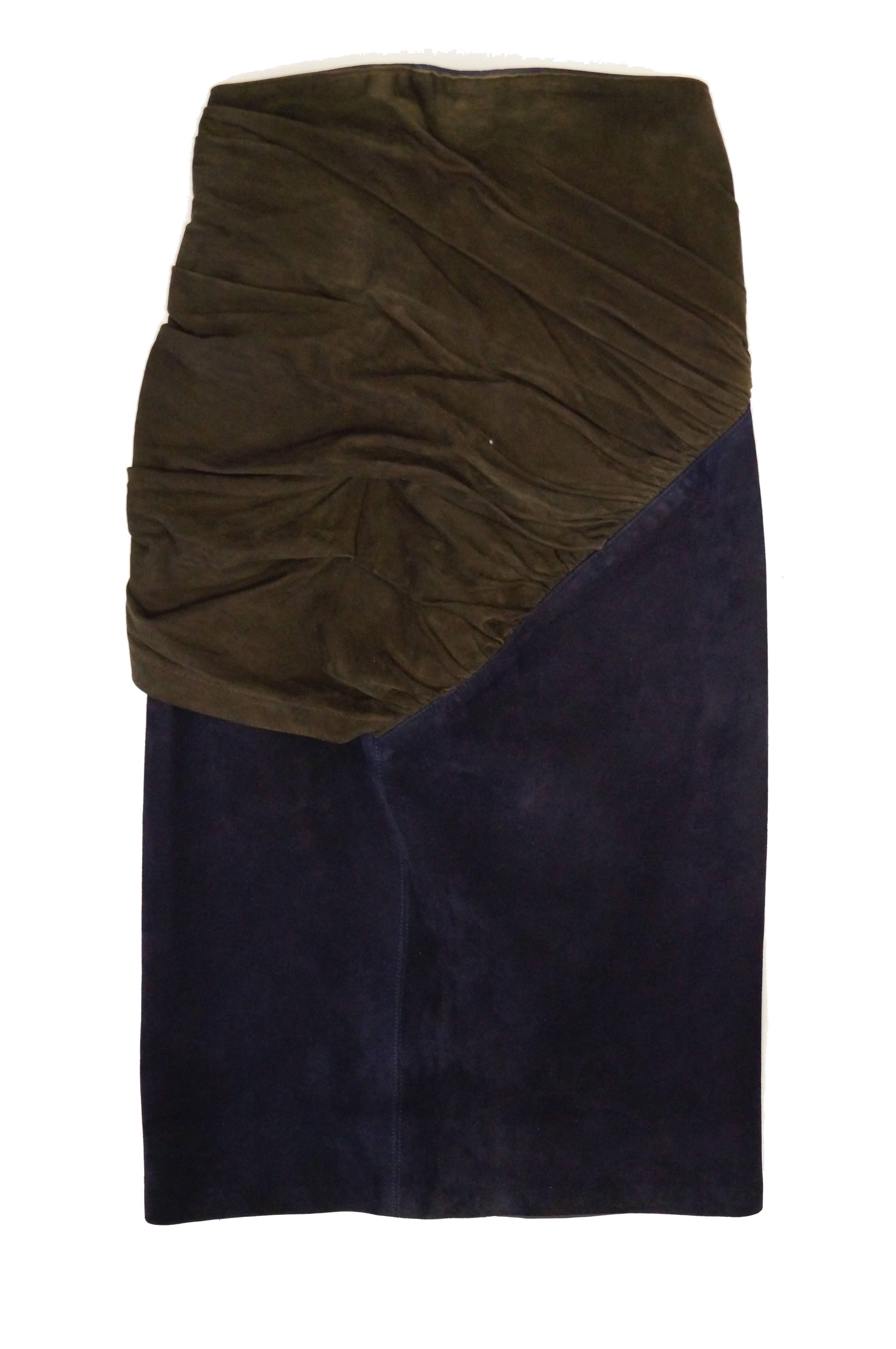 Blue 1990s Alaia Indigo and Brown Suede Sarong Wrap Skirt For Sale