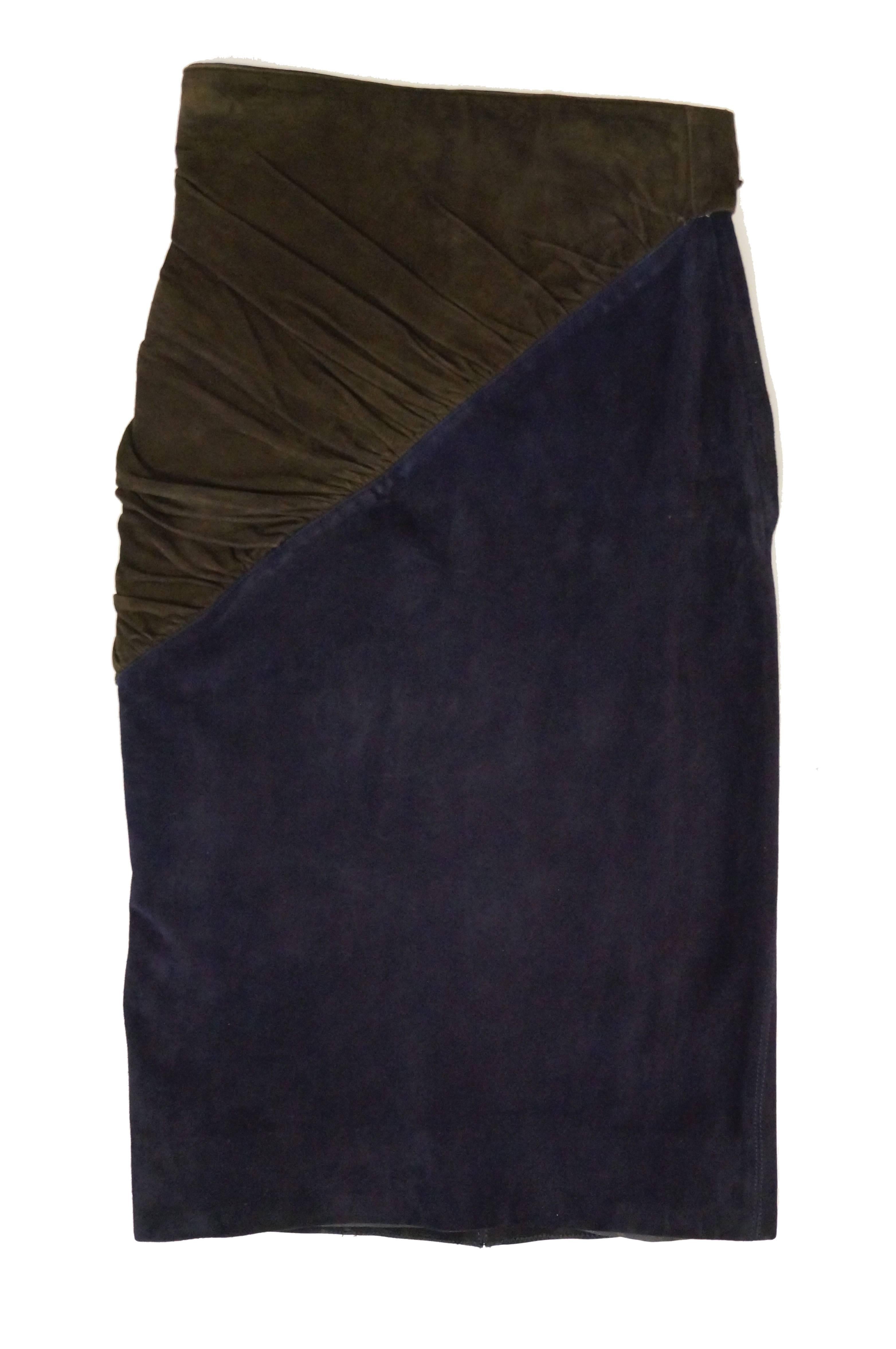 1990s Alaia Indigo and Brown Suede Sarong Wrap Skirt In Excellent Condition For Sale In Houston, TX