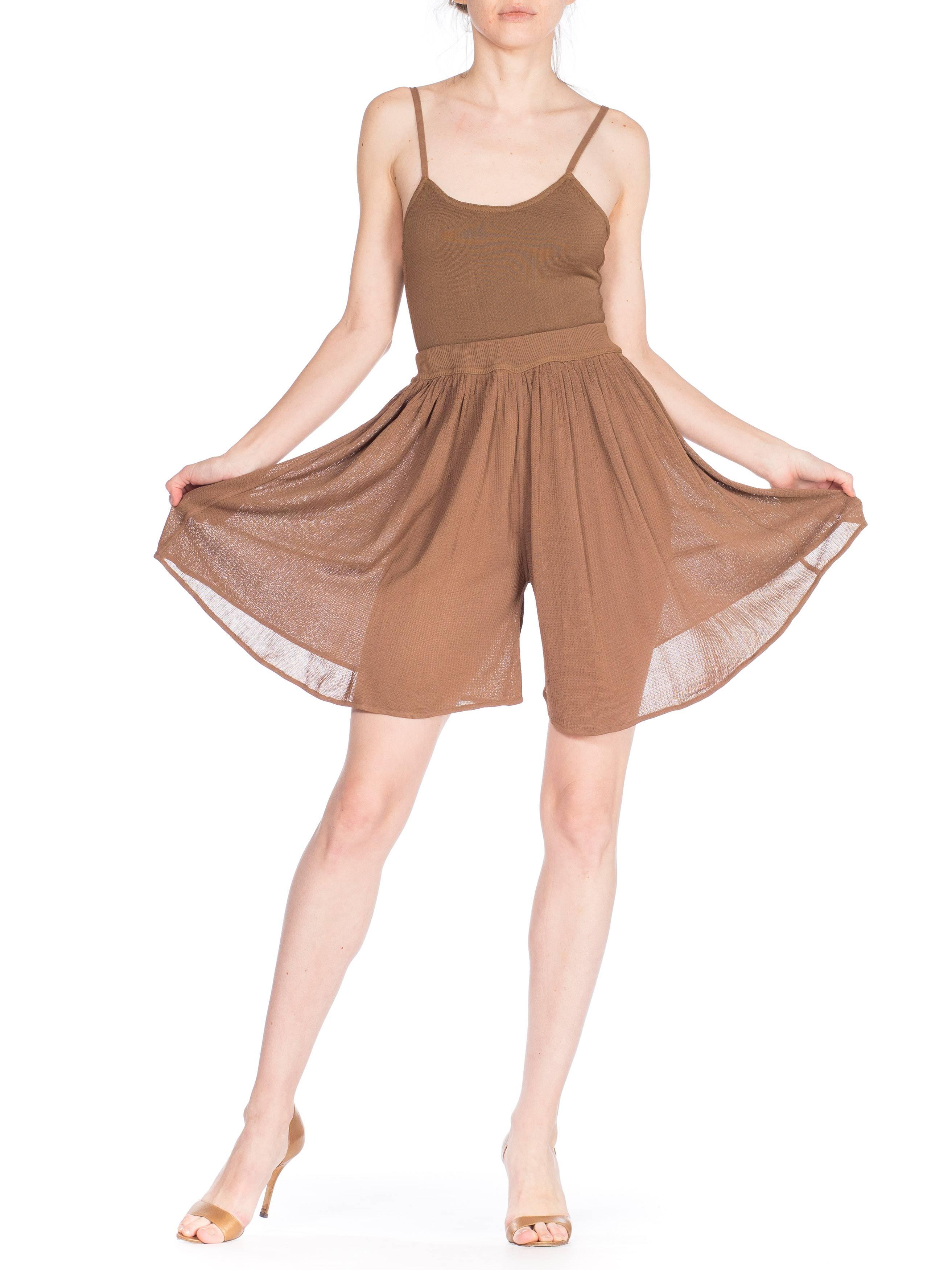 Brown 1990s Alaia Nude Slinky Knit Bodysuit & Skirt Shorts Set