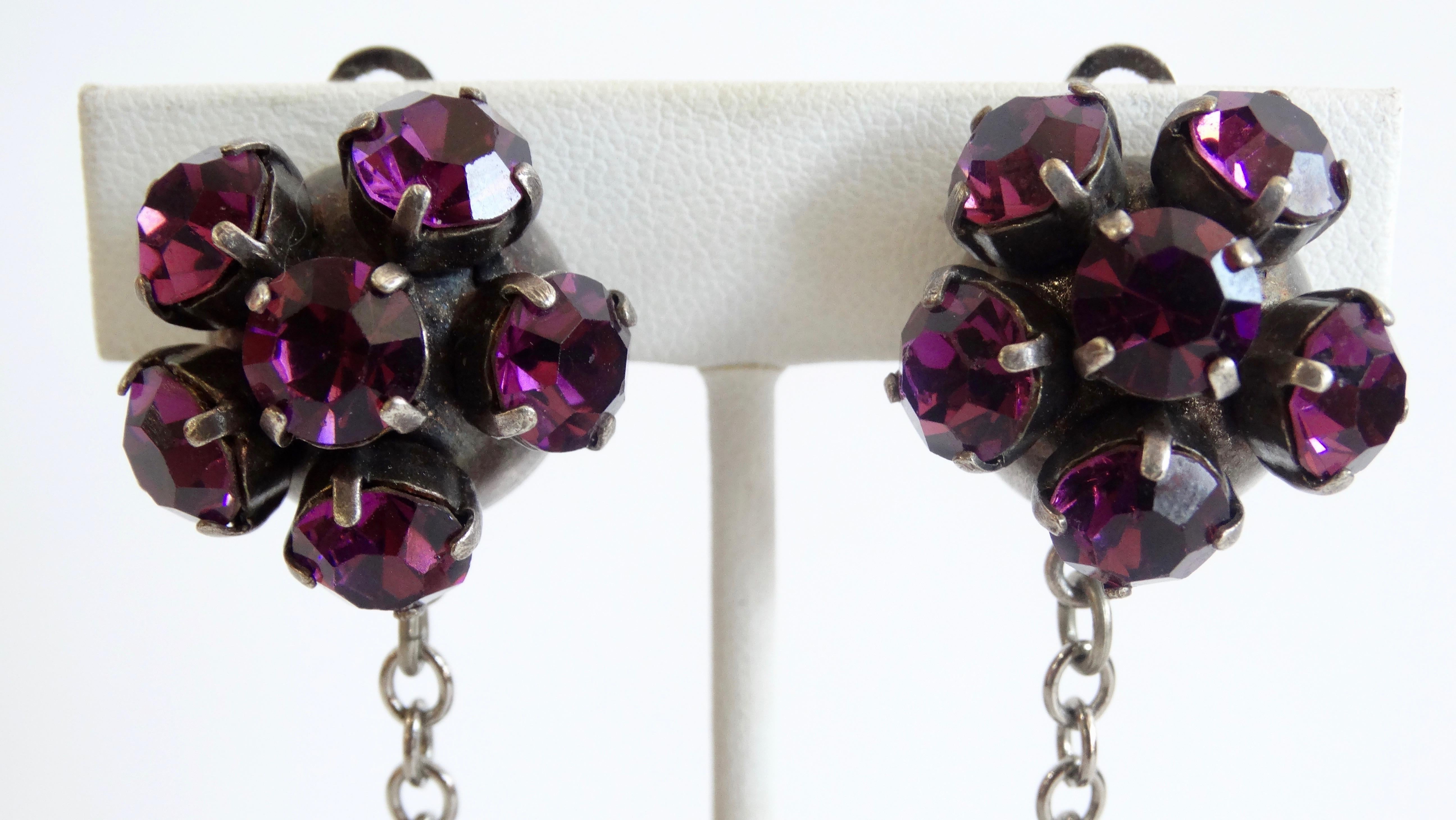 Art Deco Alan Anderson 1990s Purple Rhinestone Ball Drop Earrings 