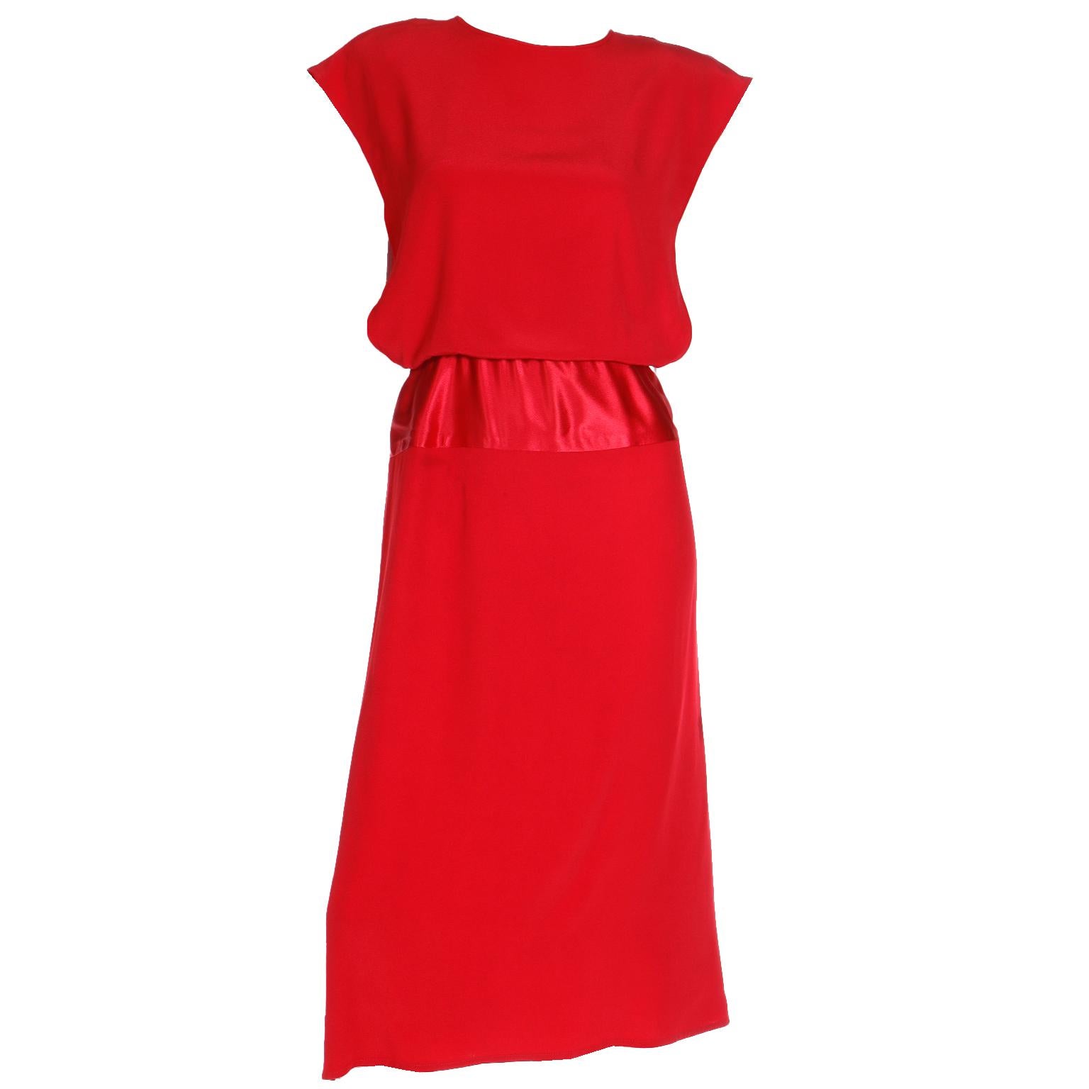 1990s Albert Nipon Red Satin & Matte Crepe Dress With Open Slit Back 9