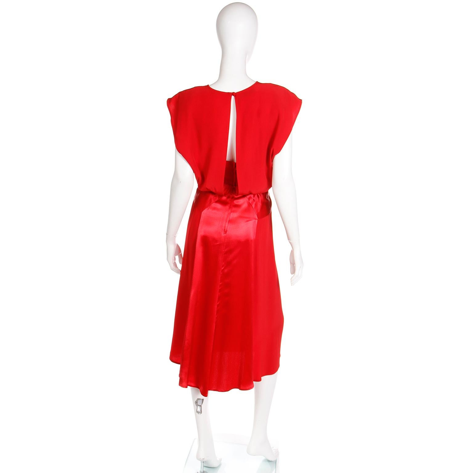 1990s Albert Nipon Red Satin & Matte Crepe Dress With Open Slit Back 1