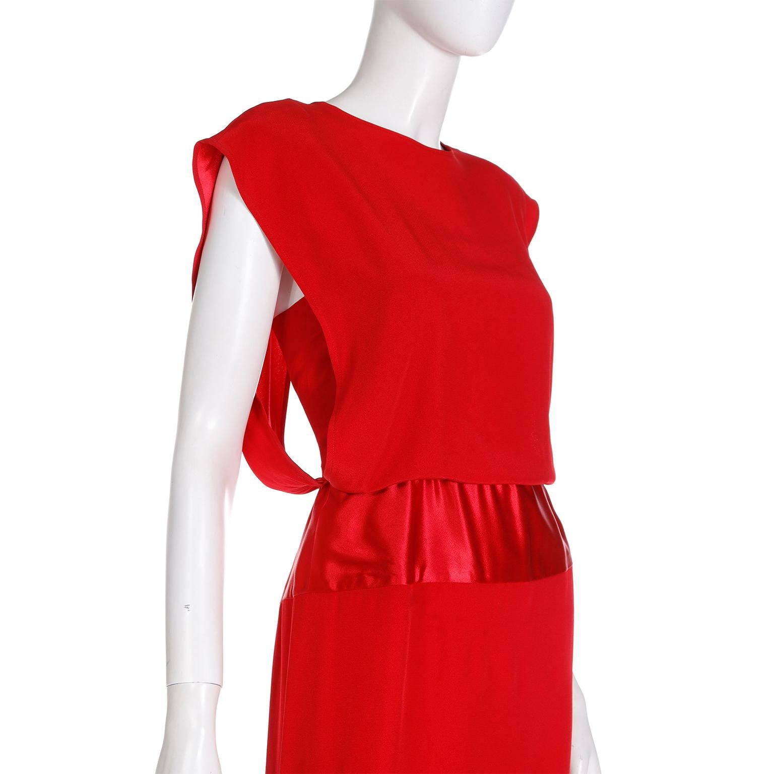 1990s Albert Nipon Red Satin & Matte Crepe Dress With Open Slit Back 3
