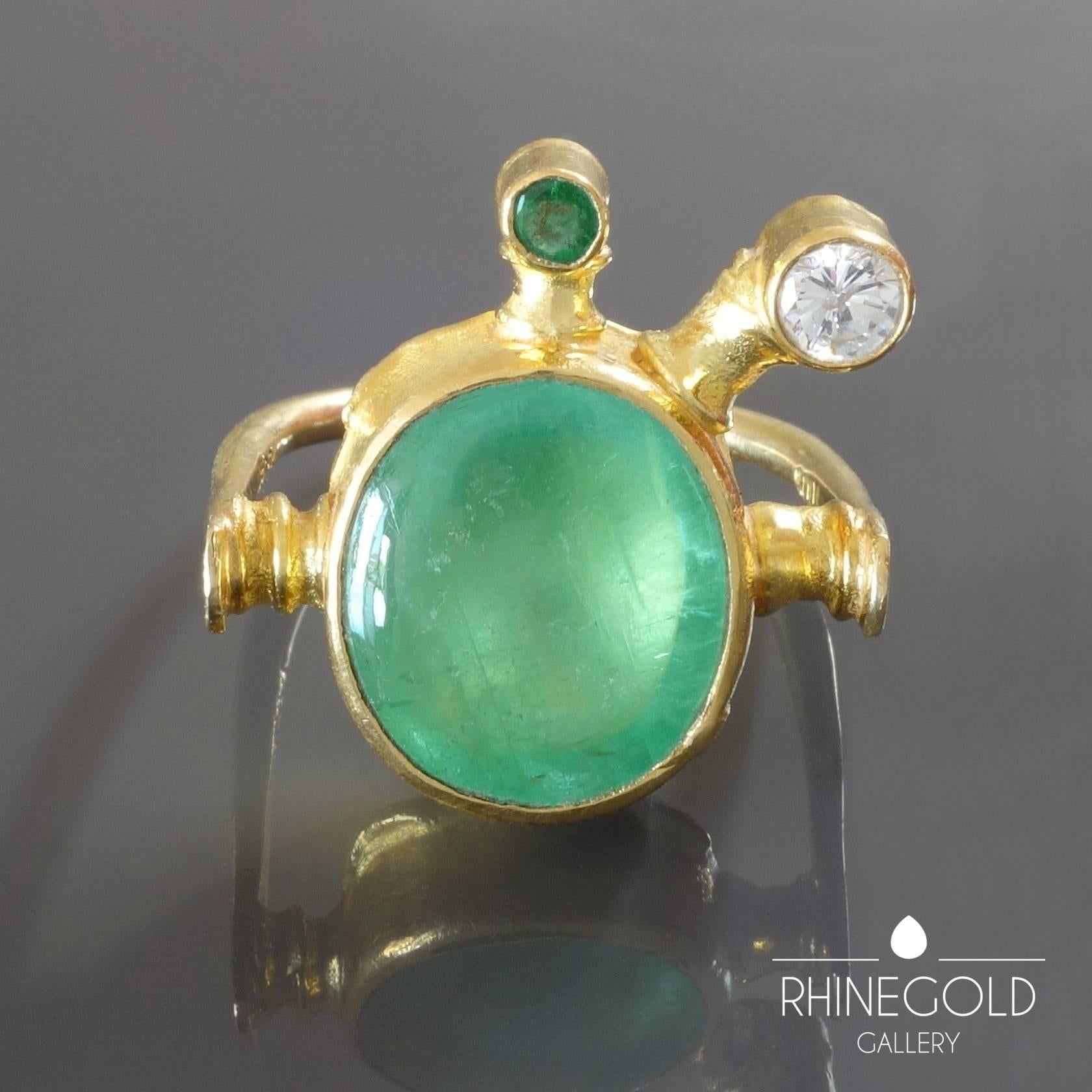 Oval Cut 1990s Albert Sous Unique Postmodernist Emerald Diamond Gold Ring For Sale