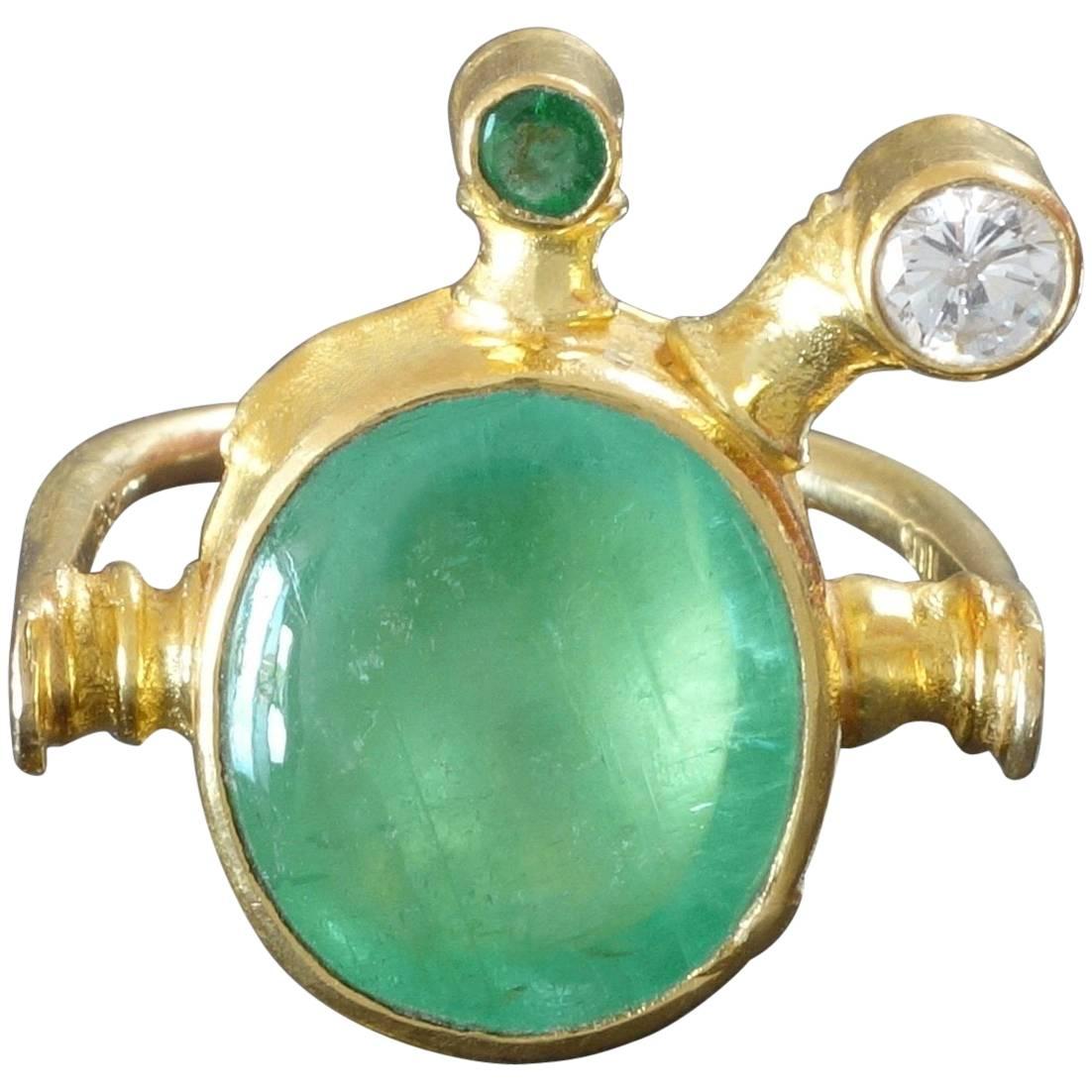 1990s Albert Sous Unique Postmodernist Emerald Diamond Gold Ring For Sale