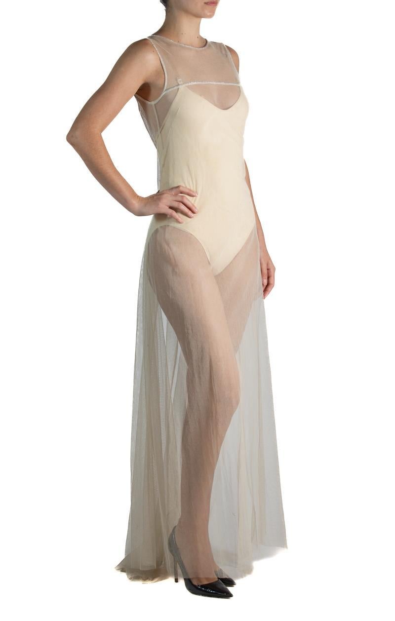 1990S Alberta Ferretti  Abito in rete di cotone con perline in bianco sporco in vendita 2