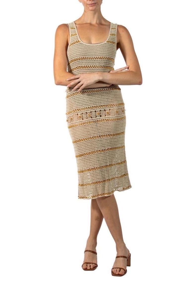 1990S ALBERTA FERRETTI Ecru Cotton Crochet Dress With Wood Beads For Sale 4