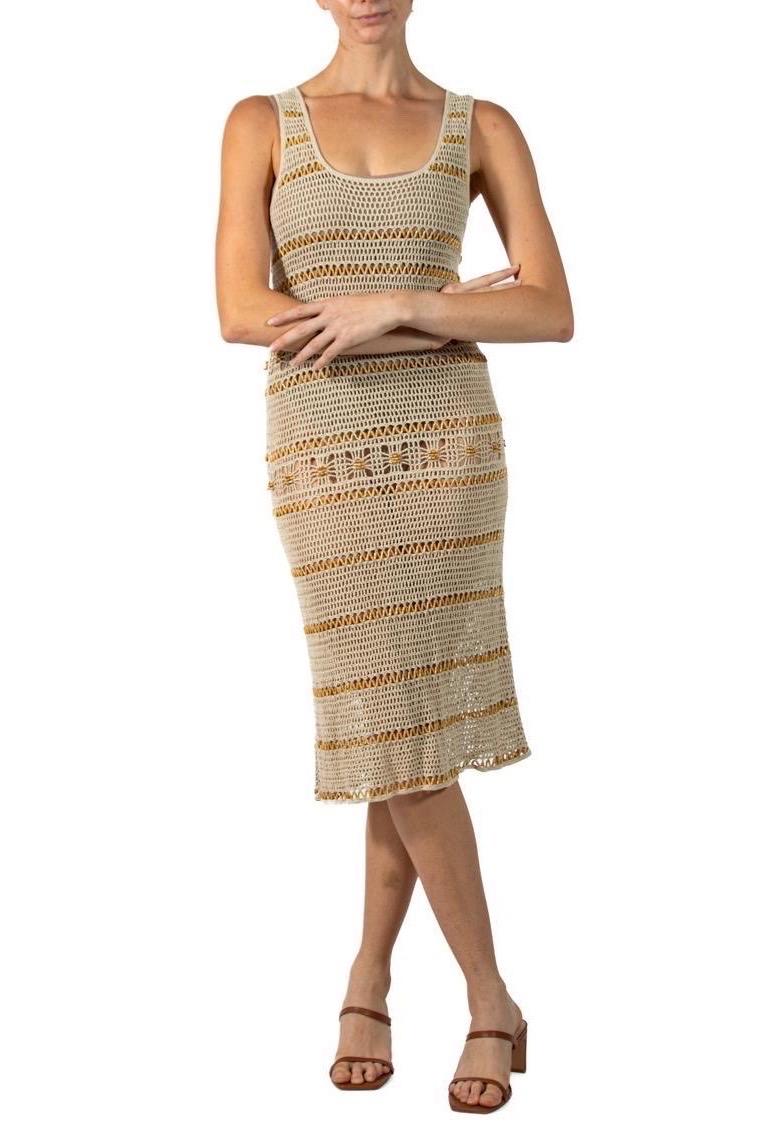 1990S ALBERTA FERRETTI Ecru Cotton Crochet Dress With Wood Beads For Sale 5