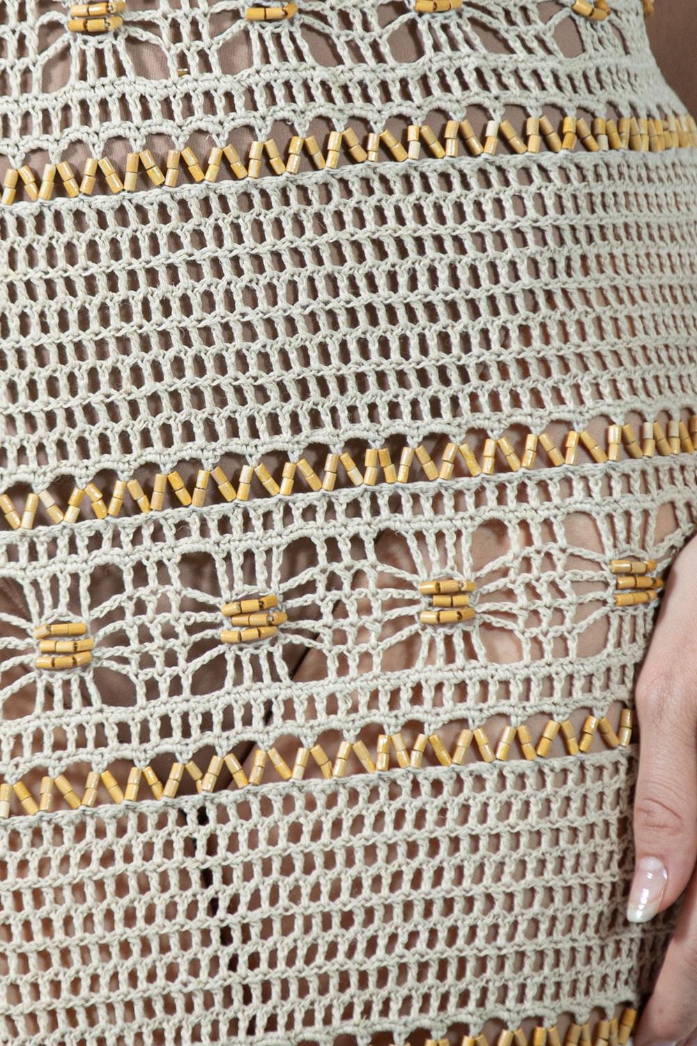 1990S ALBERTA FERRETTI Ecru Cotton Crochet Dress With Wood Beads For Sale 6