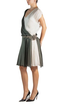 1990S Alberta Ferretti Grey & White Silk Mini Cocktail Dress