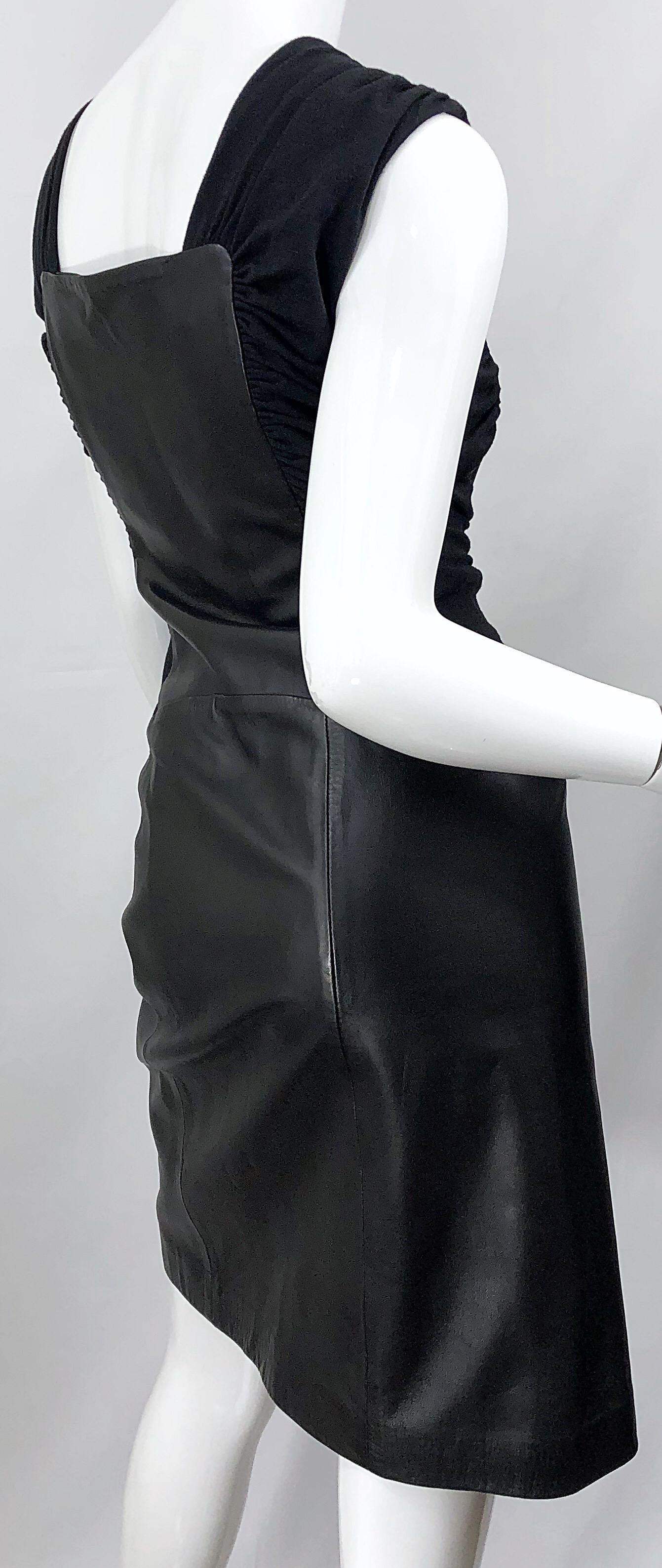 1990s Alberta Ferretti Leather Size 8 Black Vintage 90s Sheath Dress LBD In Excellent Condition For Sale In San Diego, CA