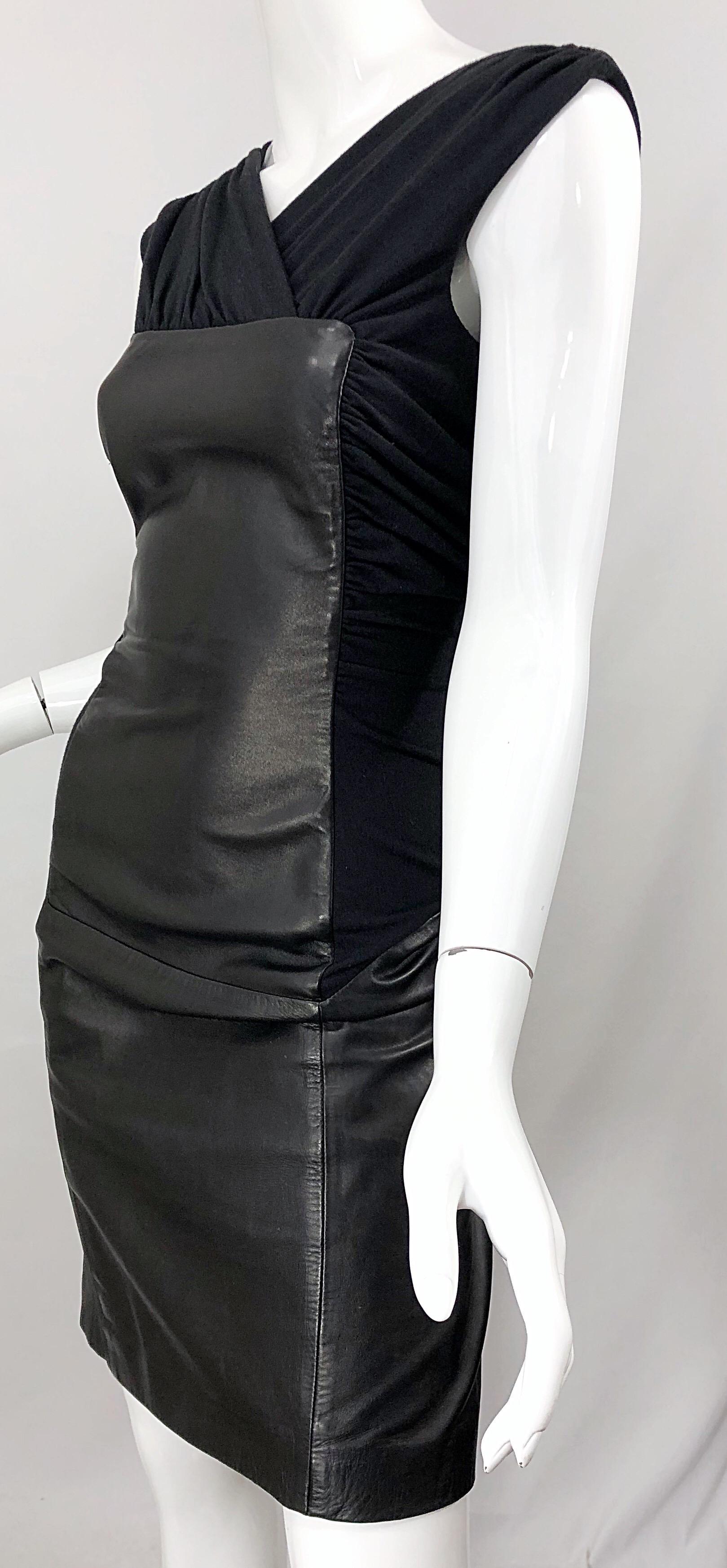 Women's 1990s Alberta Ferretti Leather Size 8 Black Vintage 90s Sheath Dress LBD For Sale