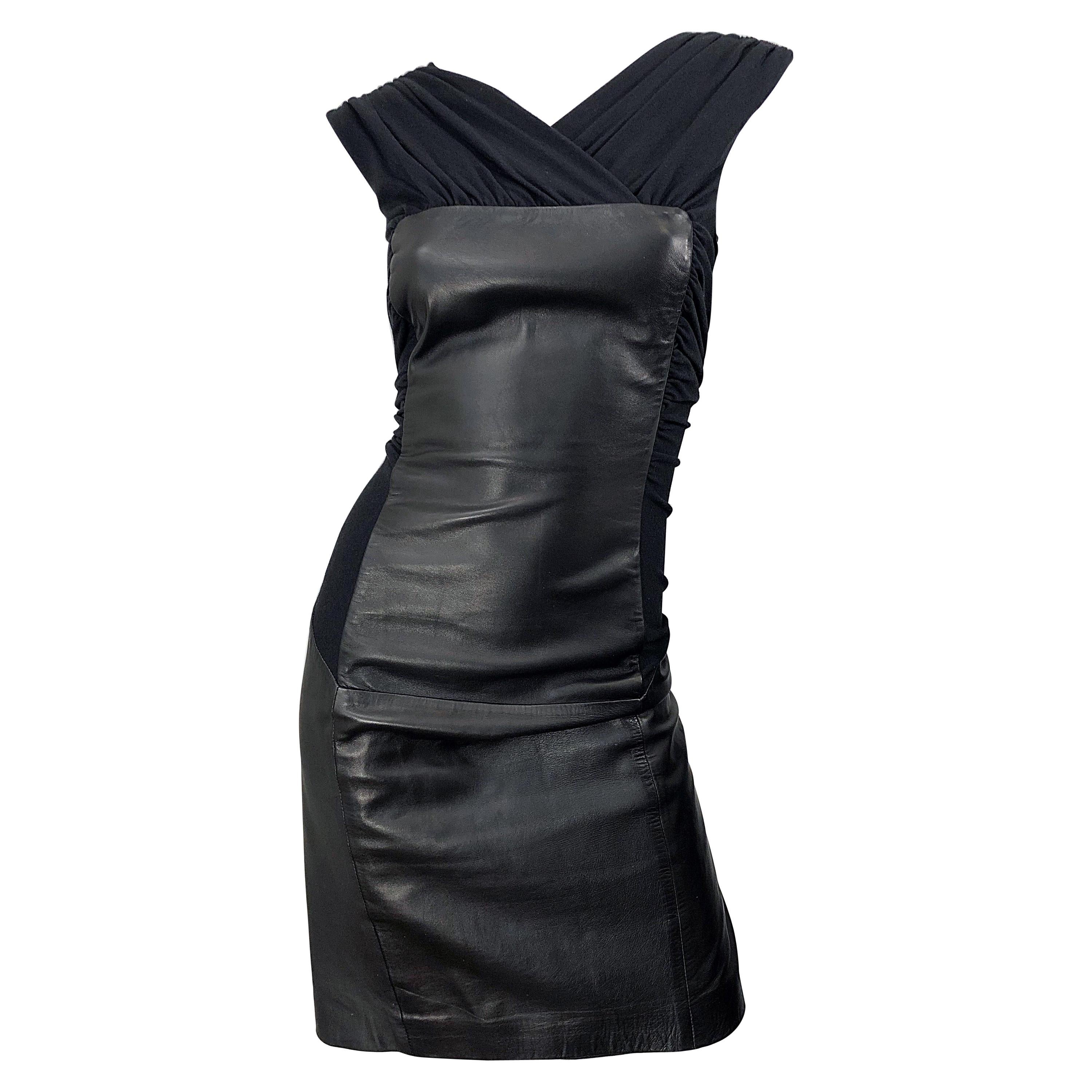 1990s Alberta Ferretti Leather Size 8 Black Vintage 90s Sheath Dress LBD For Sale