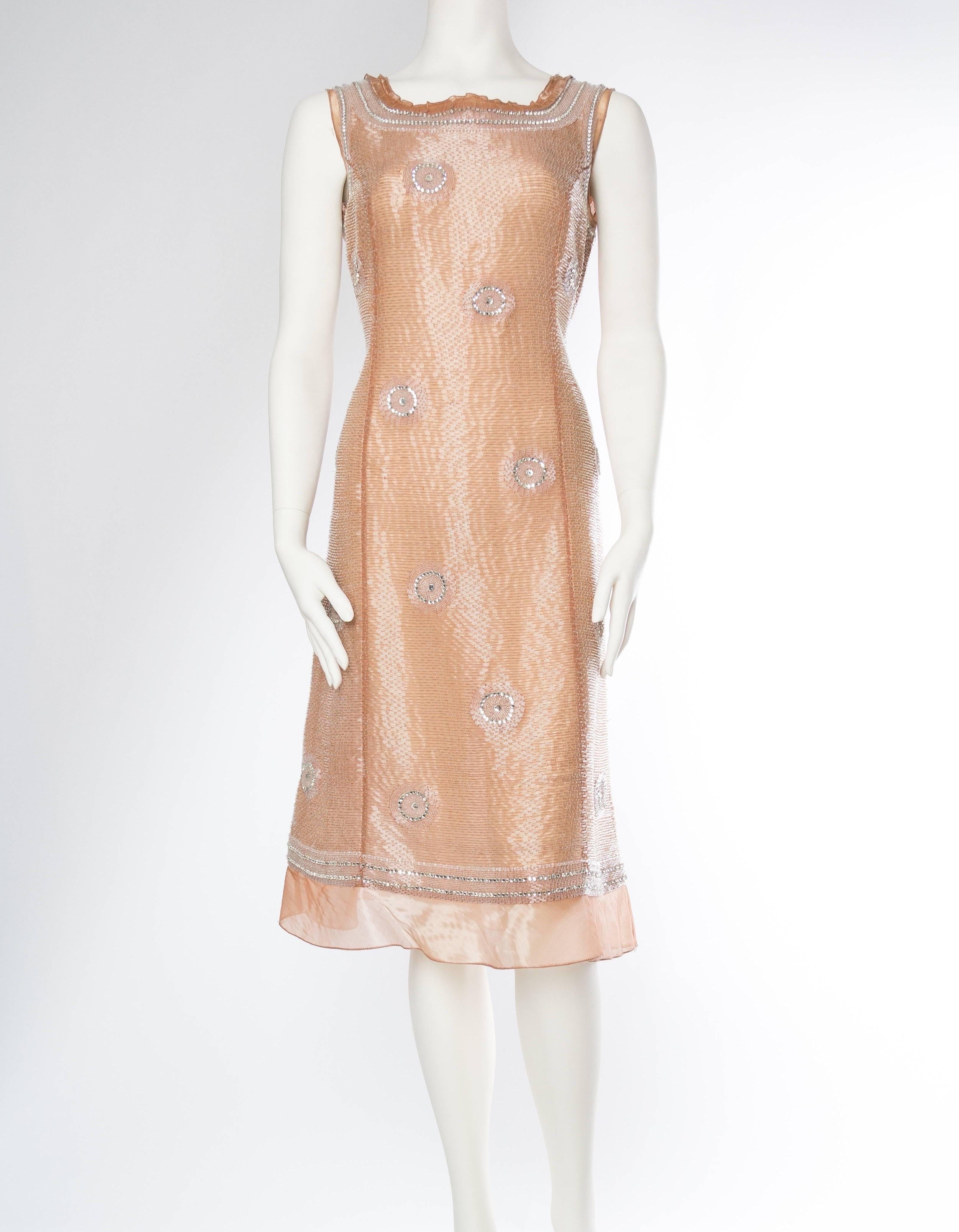 1990S ALBERTA FERRETTI Nude Silk & Lurex Organza Fully Beaded Modernist A-Line Cocktail Dress