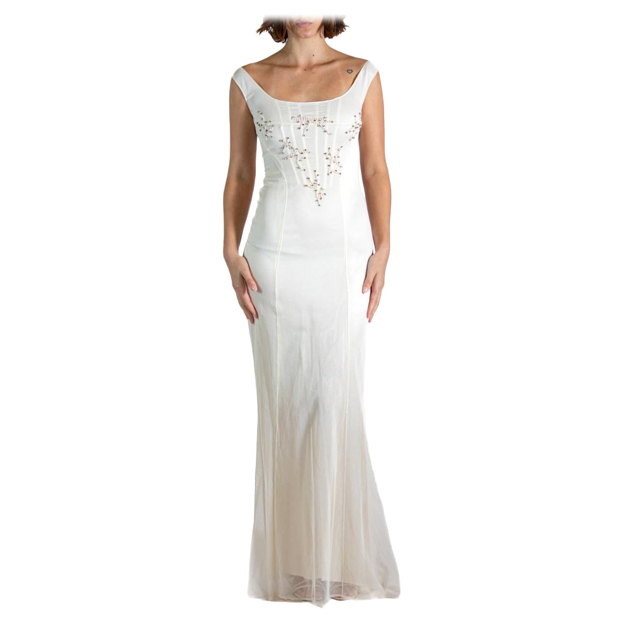 1990S Alberta Ferretti Abito in seta con perline bianche