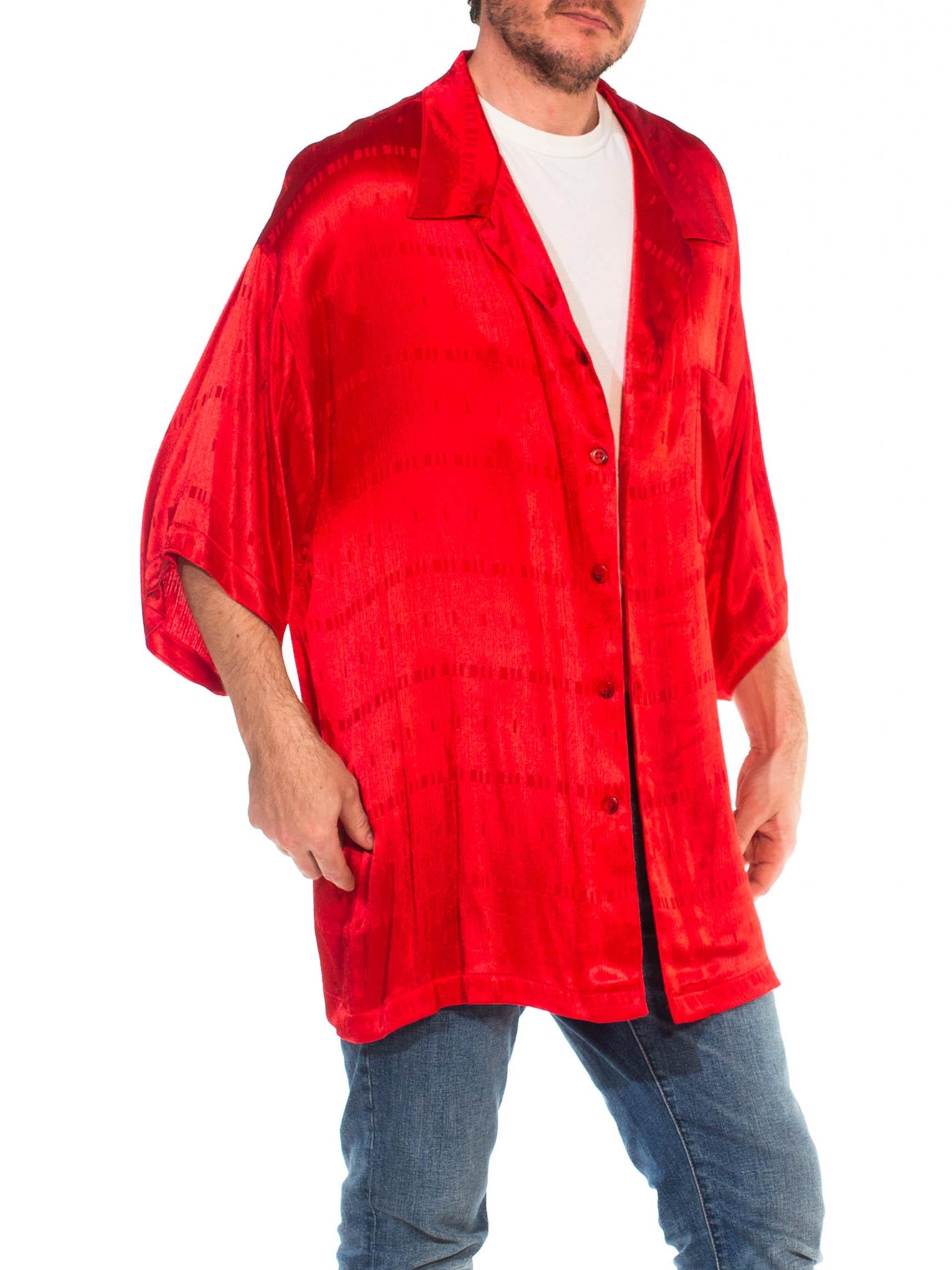 Men's 1990S ALDEN RIDGE Red Acetate Satin Short Sleeve Rat Pack Shirt NWT For Sale