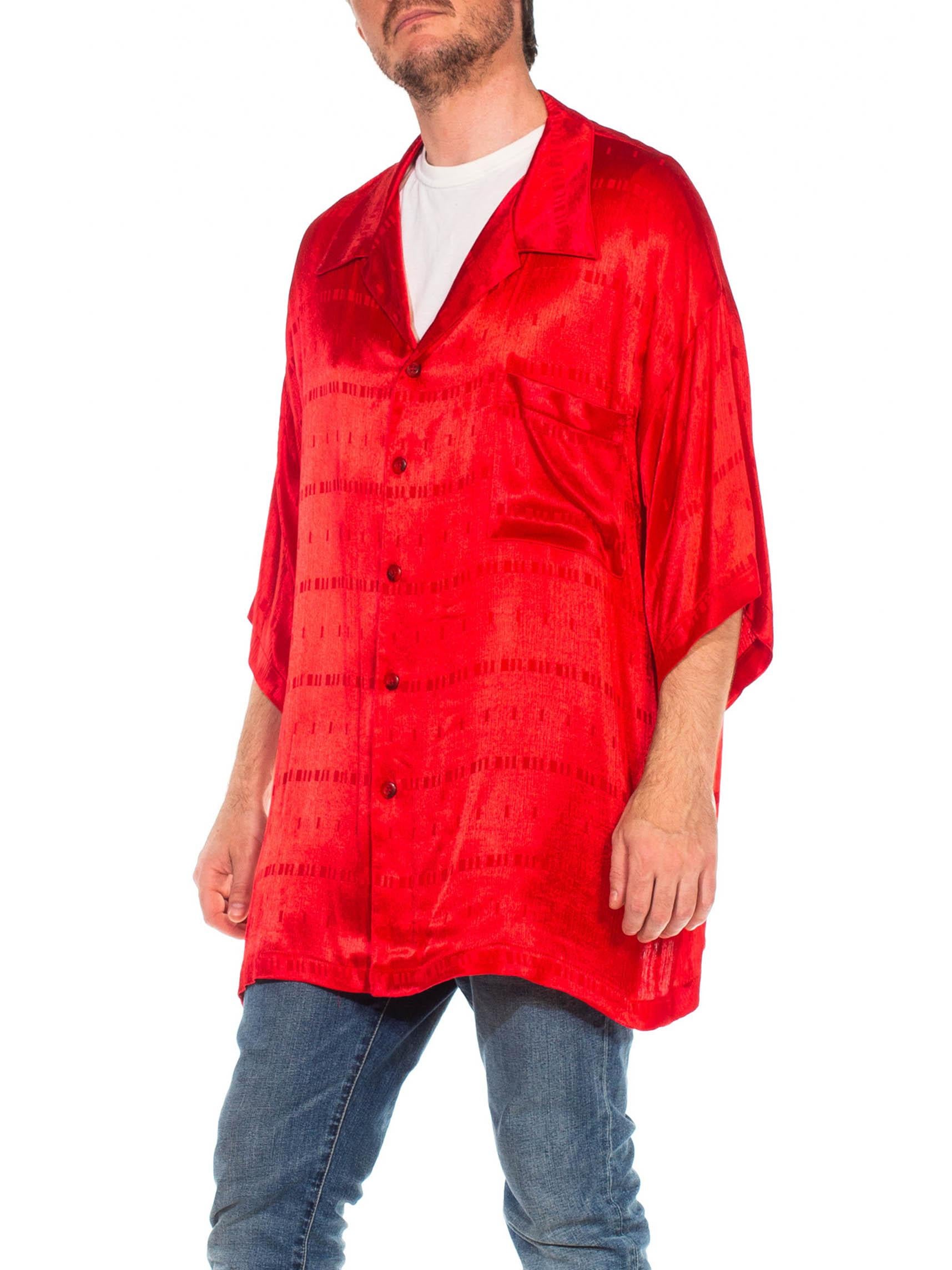 1990S ALDEN RIDGE Red Acetate Satin Short Sleeve Rat Pack Shirt NWT For Sale 1