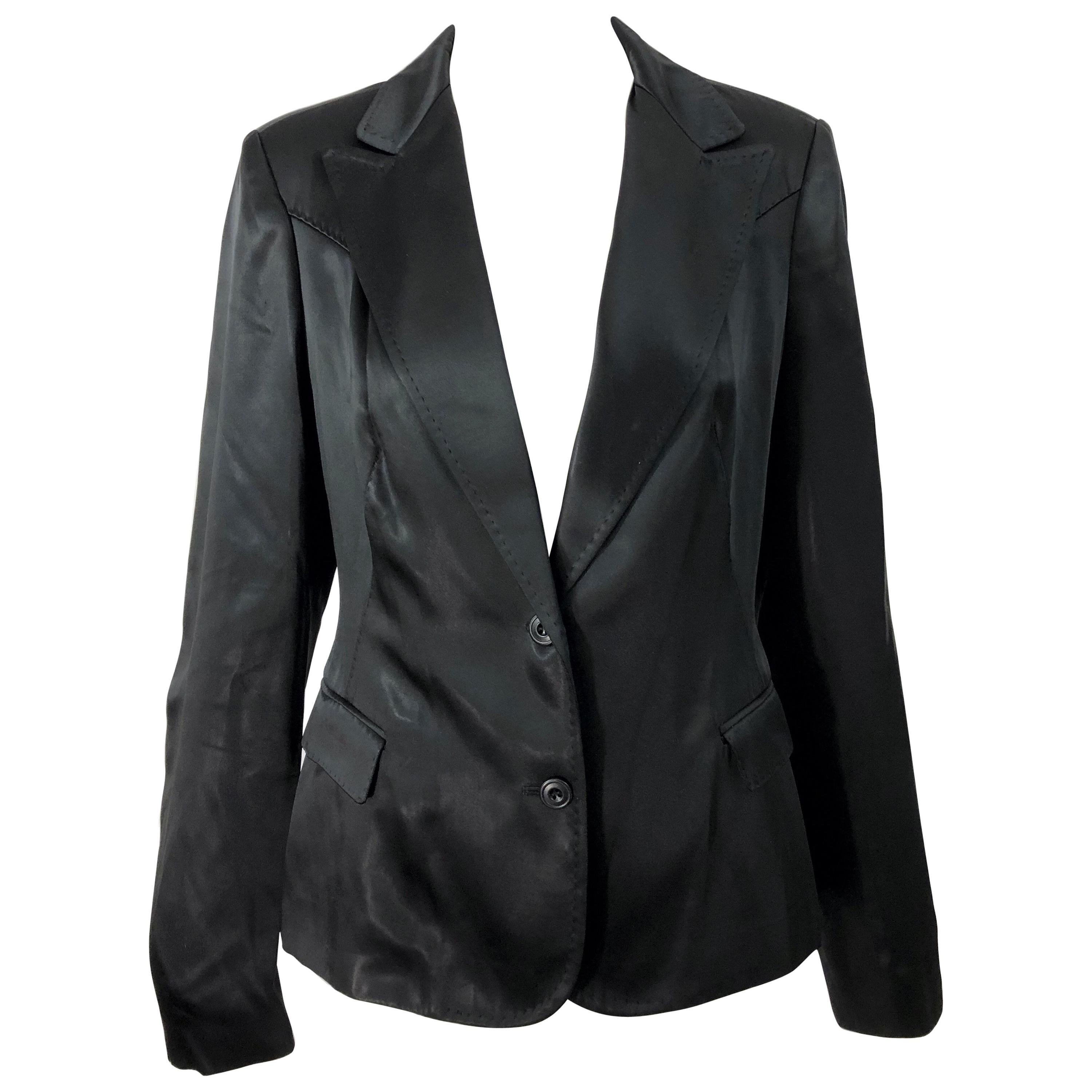 1990s Alessandro Dell'Acqua Size 46 / US 10 Black Silk Satin Look Vintage Blazer For Sale