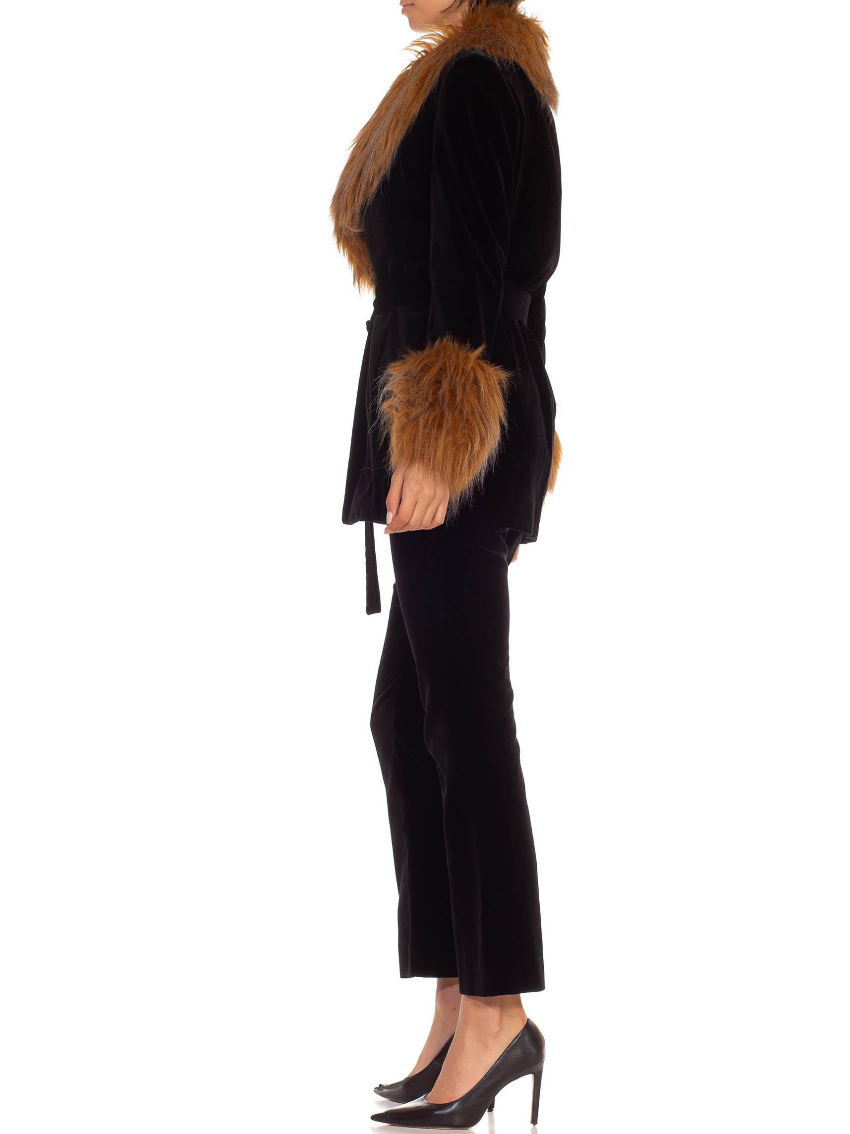1990S Alexander Mcqueen Givenchy Black & Camel Silk Velvet Faux Fur Neck Cuff Trim Coat