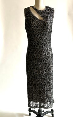 1990s Alexander McQueen Grey and Black Beaded Lace Midi Dress