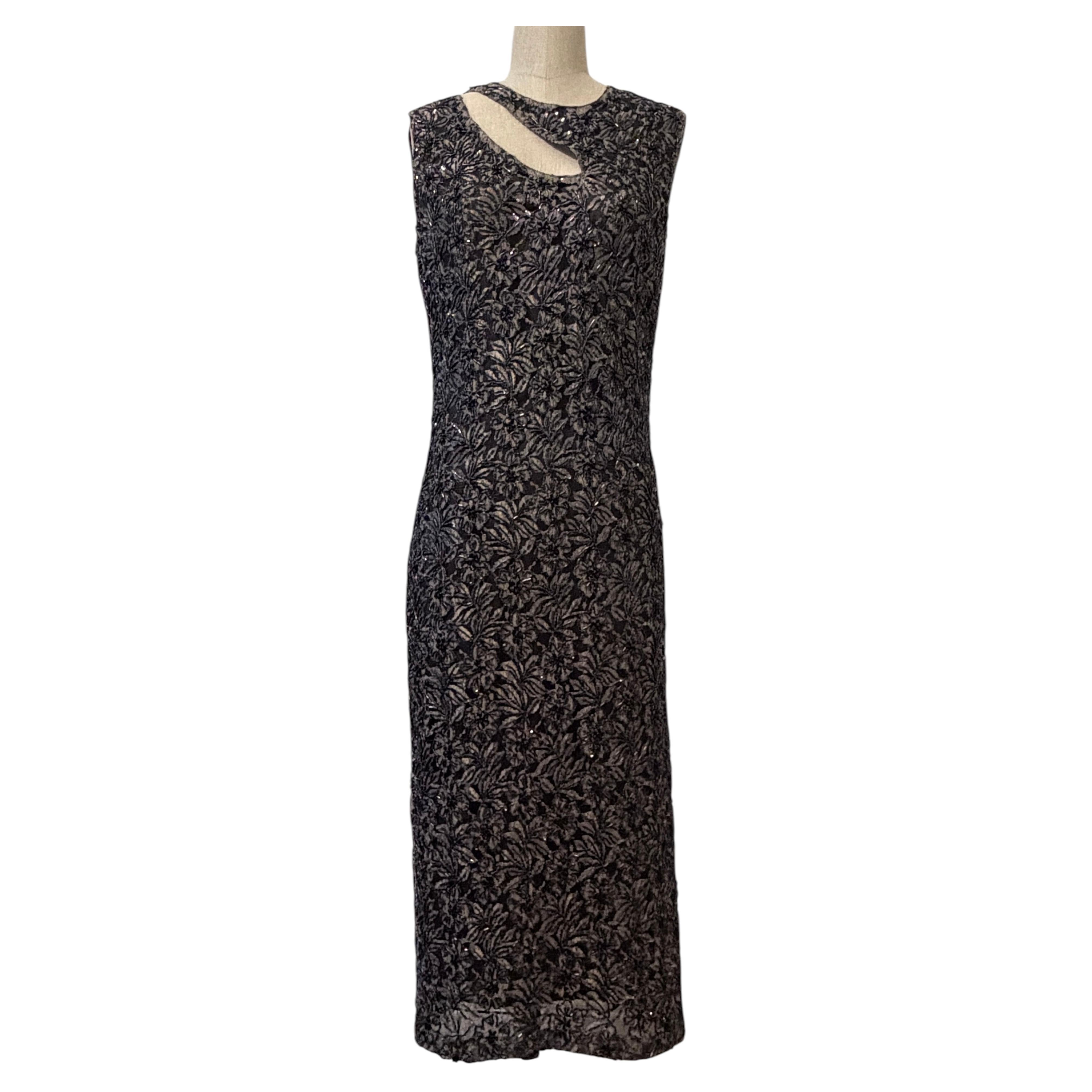 Vintage-Midi-Kleid von Alexander McQueen aus den 1990er Jahren, grau und schwarz, mit Perlen verzierte Spitze