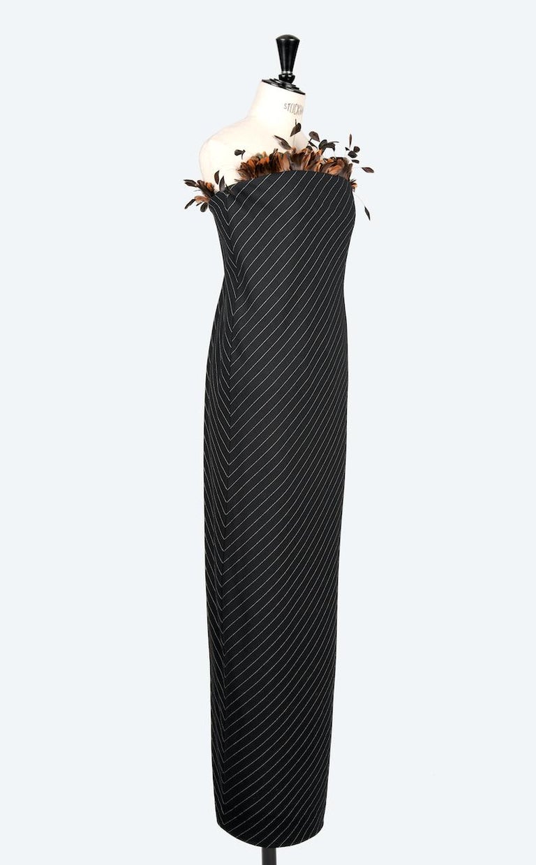 1990s ALL ABOUT EVE Talbot Runhof Pinstripe Black Wool Feathered Evening  Dress For Sale at 1stDibs
