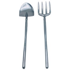 Vintage 1990s Aluminum Garden Shovel and Pitchfork Salad Utensils, Pair