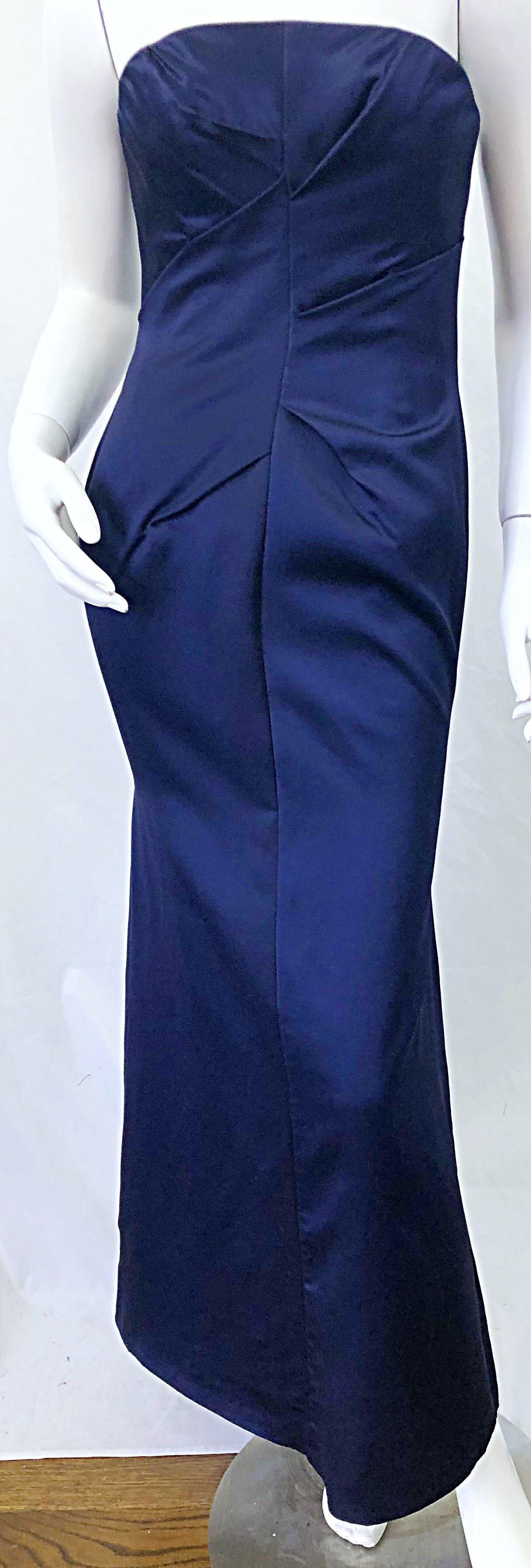 1990s Angel Sanchez Navy Blue Silk Vintage 90s Strapless Evening Gown Dress For Sale 3