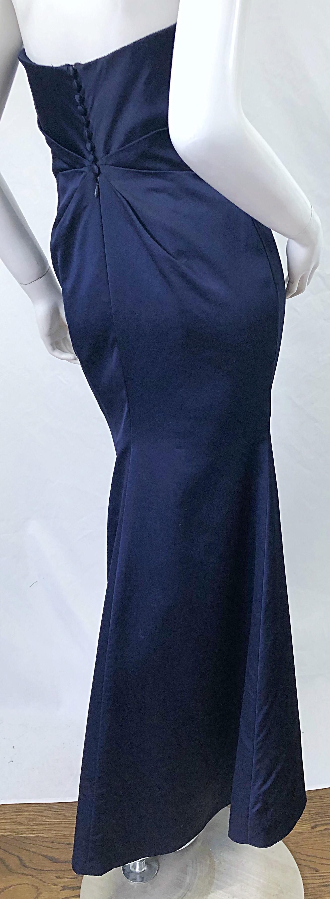 1990s Angel Sanchez Navy Blue Silk Vintage 90s Strapless Evening Gown Dress For Sale 5